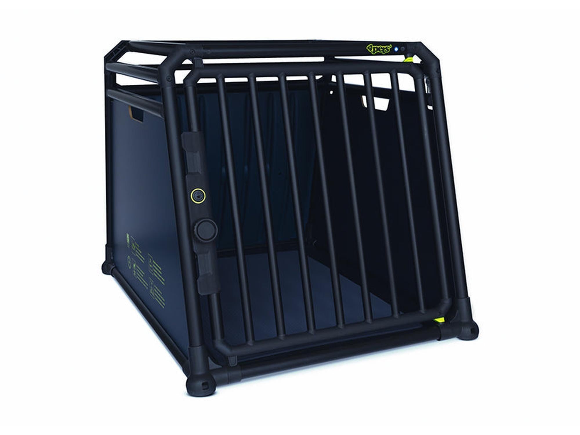 Svart 4pets PRO Noir 3 Medium hundebur i aluminium med gitterdør og gule detaljer.