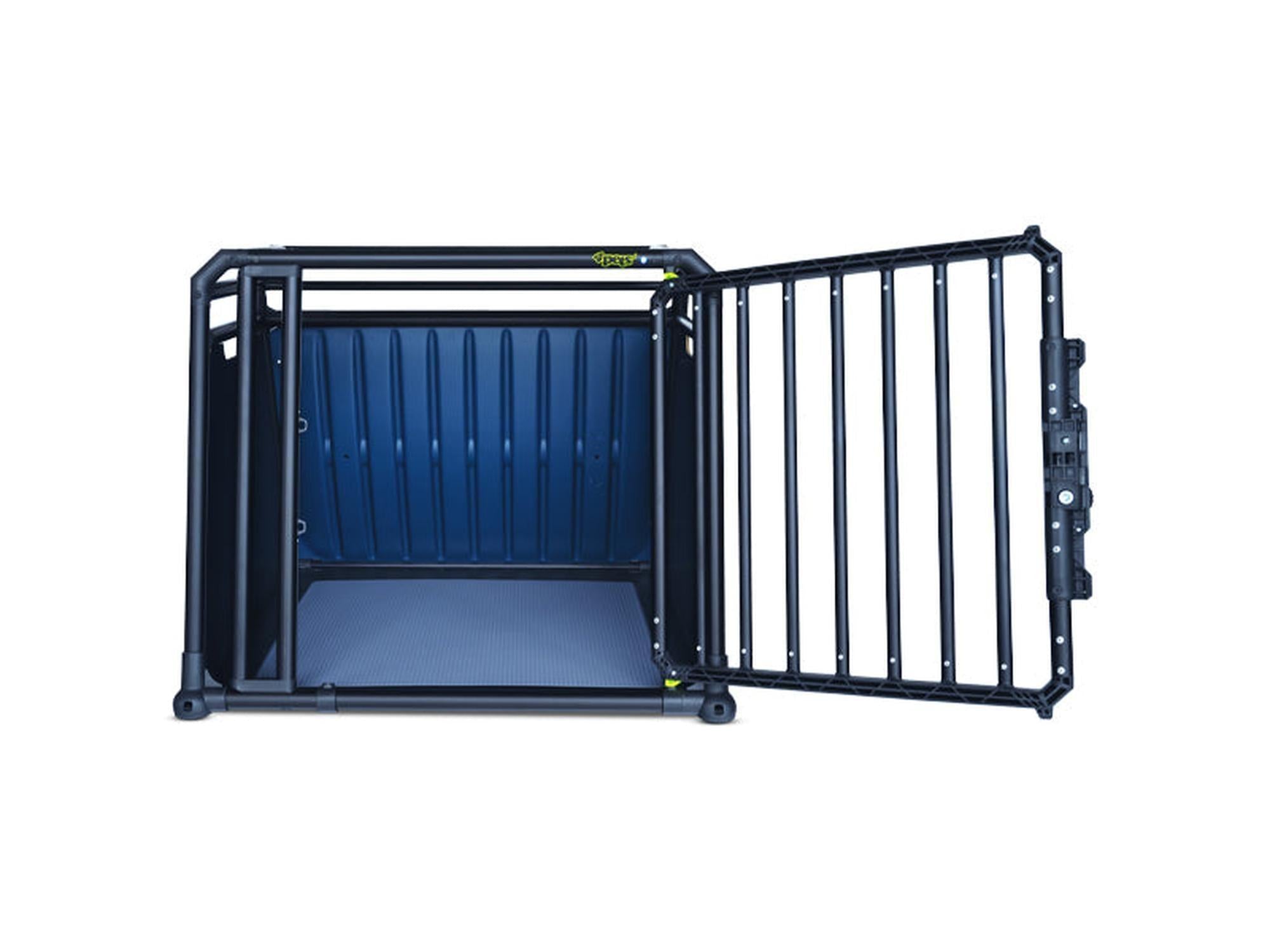 Svart 4pets PRO Noir 4 Large hundebur i aluminium med åpen dør og blå innside.