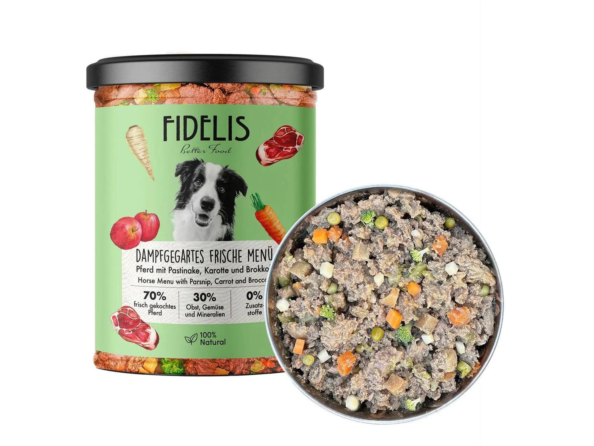Fidelis Fresh Menu Hest hundemat i grønn boks med åpen skål av kjøtt, grønnsaker.