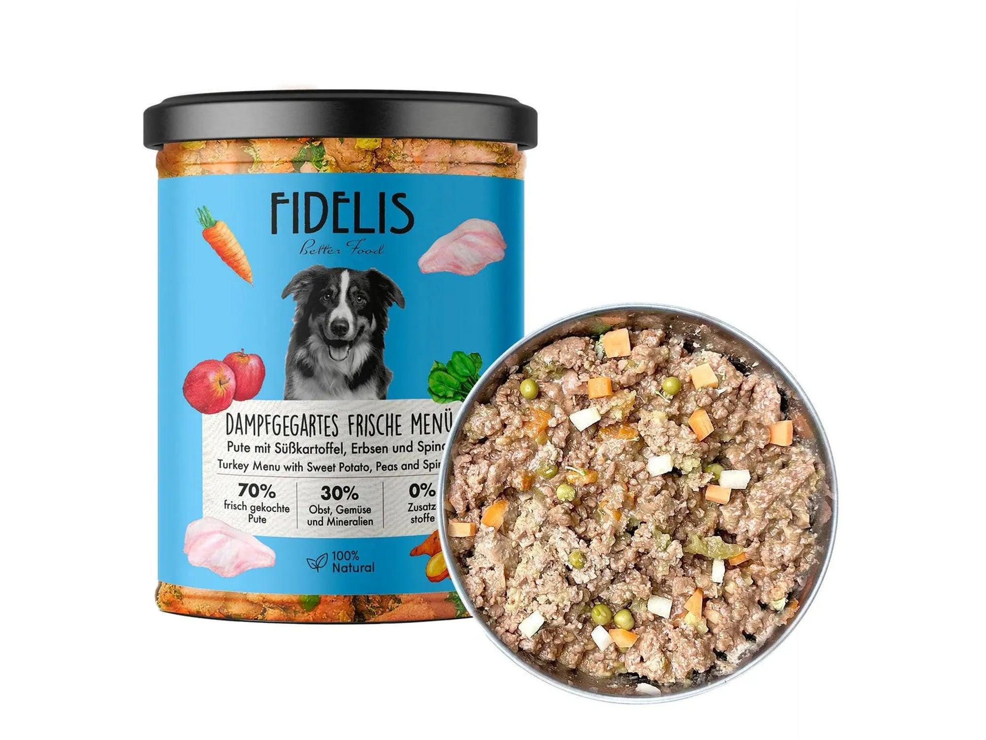 Fidelis Fresh Menu våtfôr for hund i glasskrukke med kalkun, søtpotet, erter og spinat, ved siden av en skål med fôret.