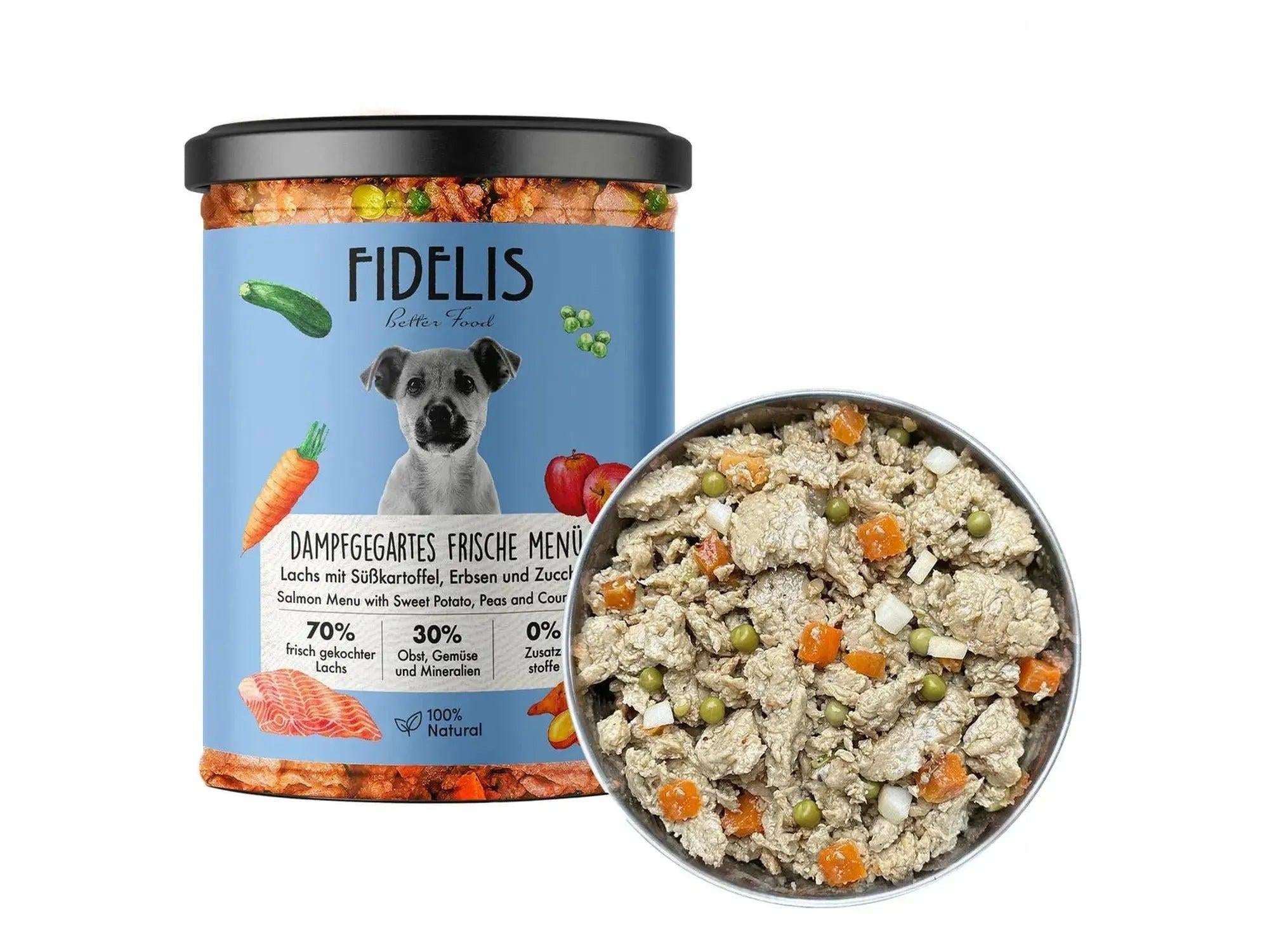 Fidelis Fresh Menu hundemat med laks, søtpotet, erter og squash i glasskrukke og metallskål.