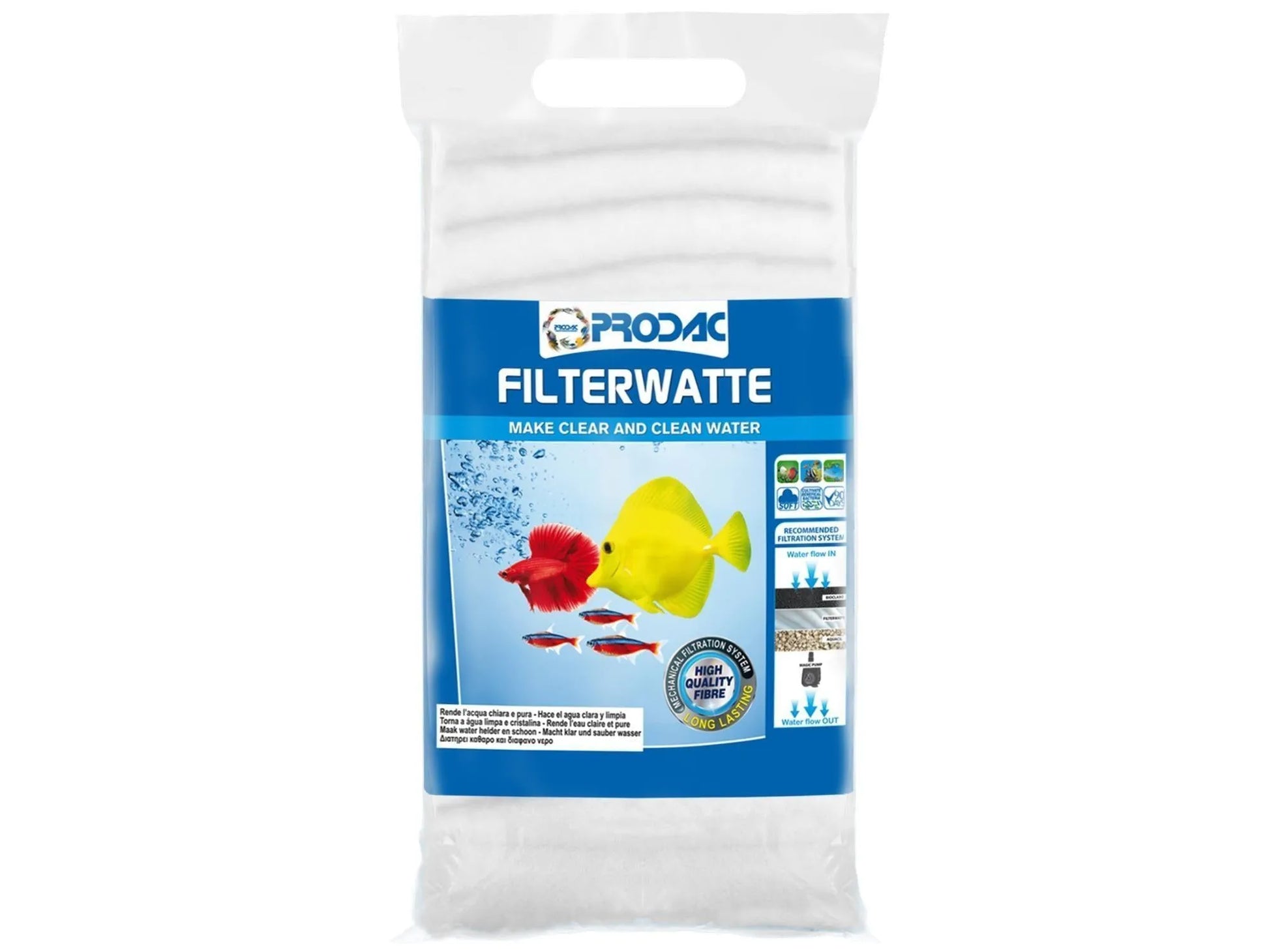 Prodac Filterwatte 100gr-500gr i hvit, finmasket filtermateriale i en blå og hvit pakke.