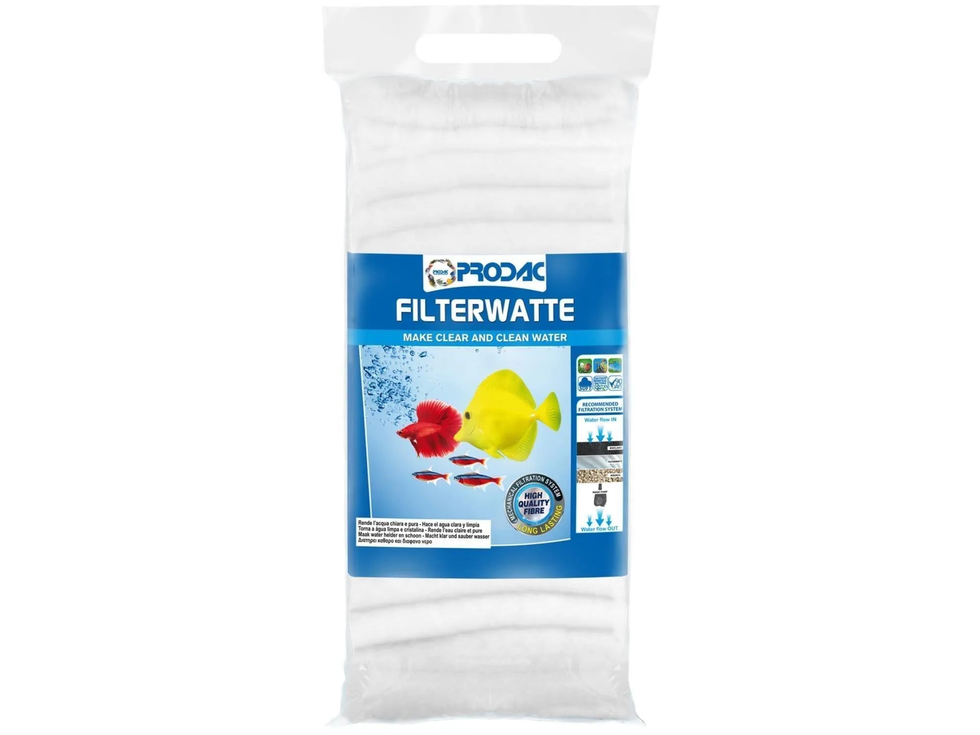 Prodac Filterwatte 100gr-500gr i hvit pose med akvariefisk-grafikk for klar vannfiltrering.