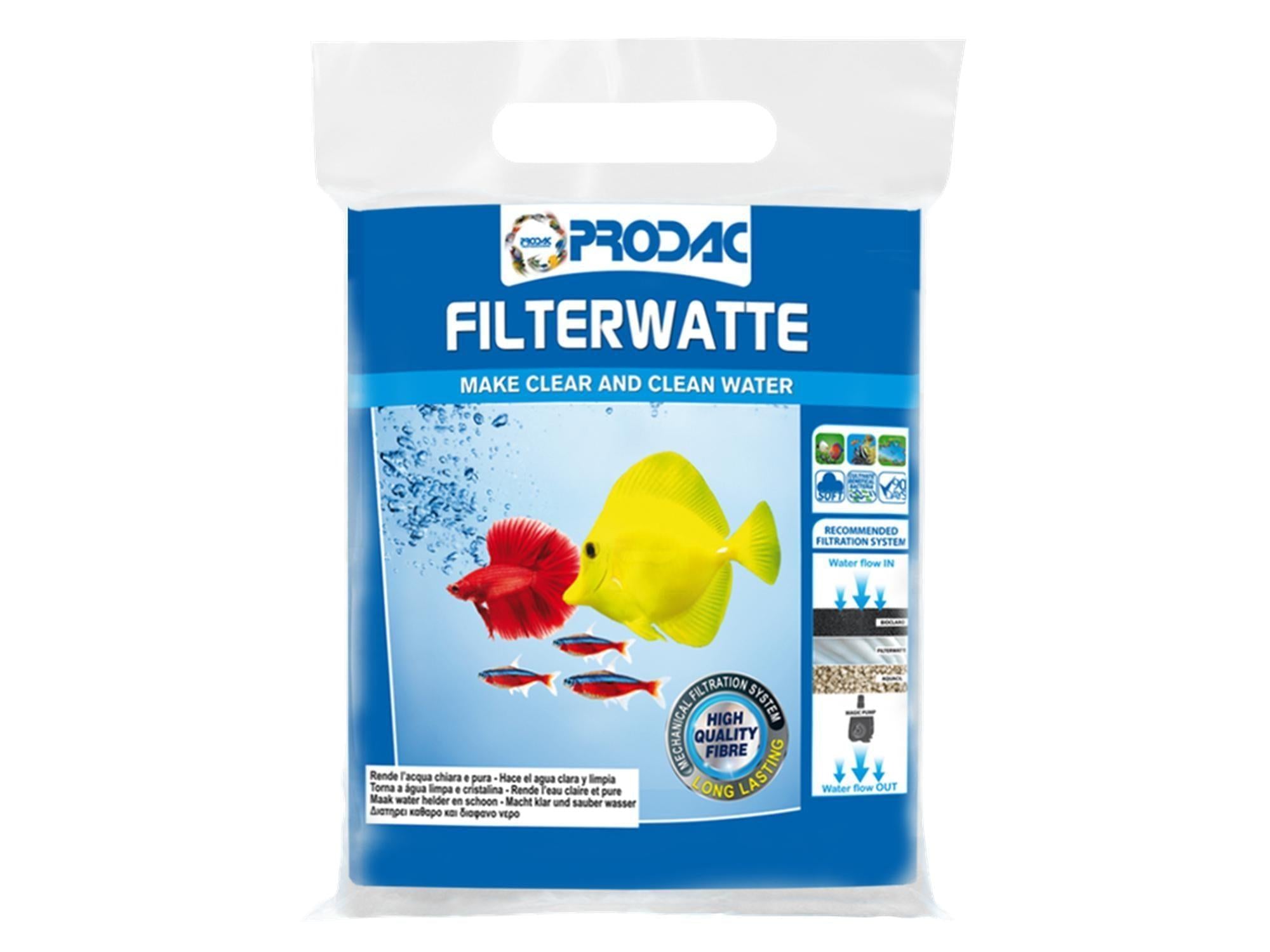 Prodac Filterwatte 100gr-500gr pakke med akvariefiltermateriale, med fisk og filterillustrasjoner.