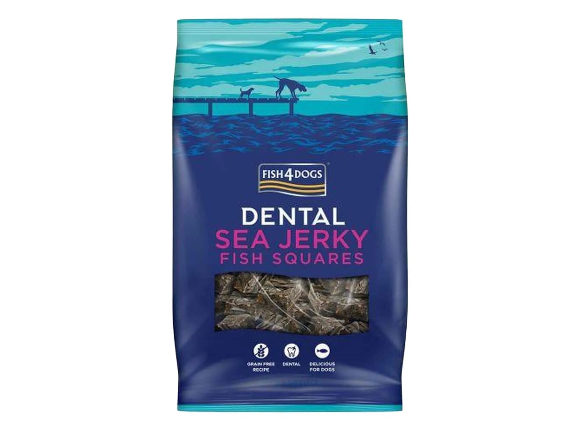 Fish4Dogs Dental Sea Jerky Fish Squares hundegodbiter i blå pose med fiskeskinnbiter.
