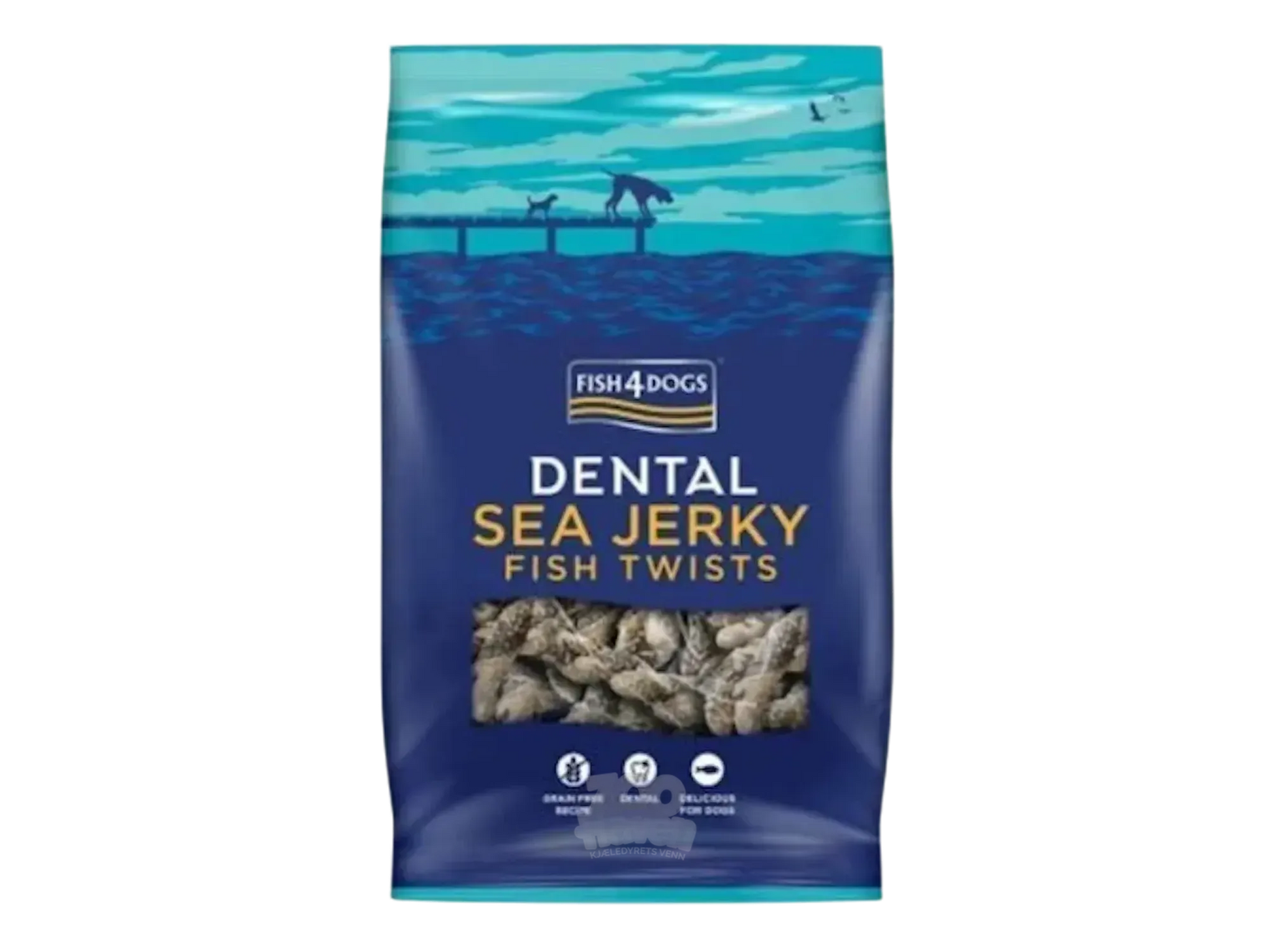 Fish4Dogs Dental Sea Jerky Fish Twists 100g/500g pose med naturlige fiskeskinn-tyggegodbiter.