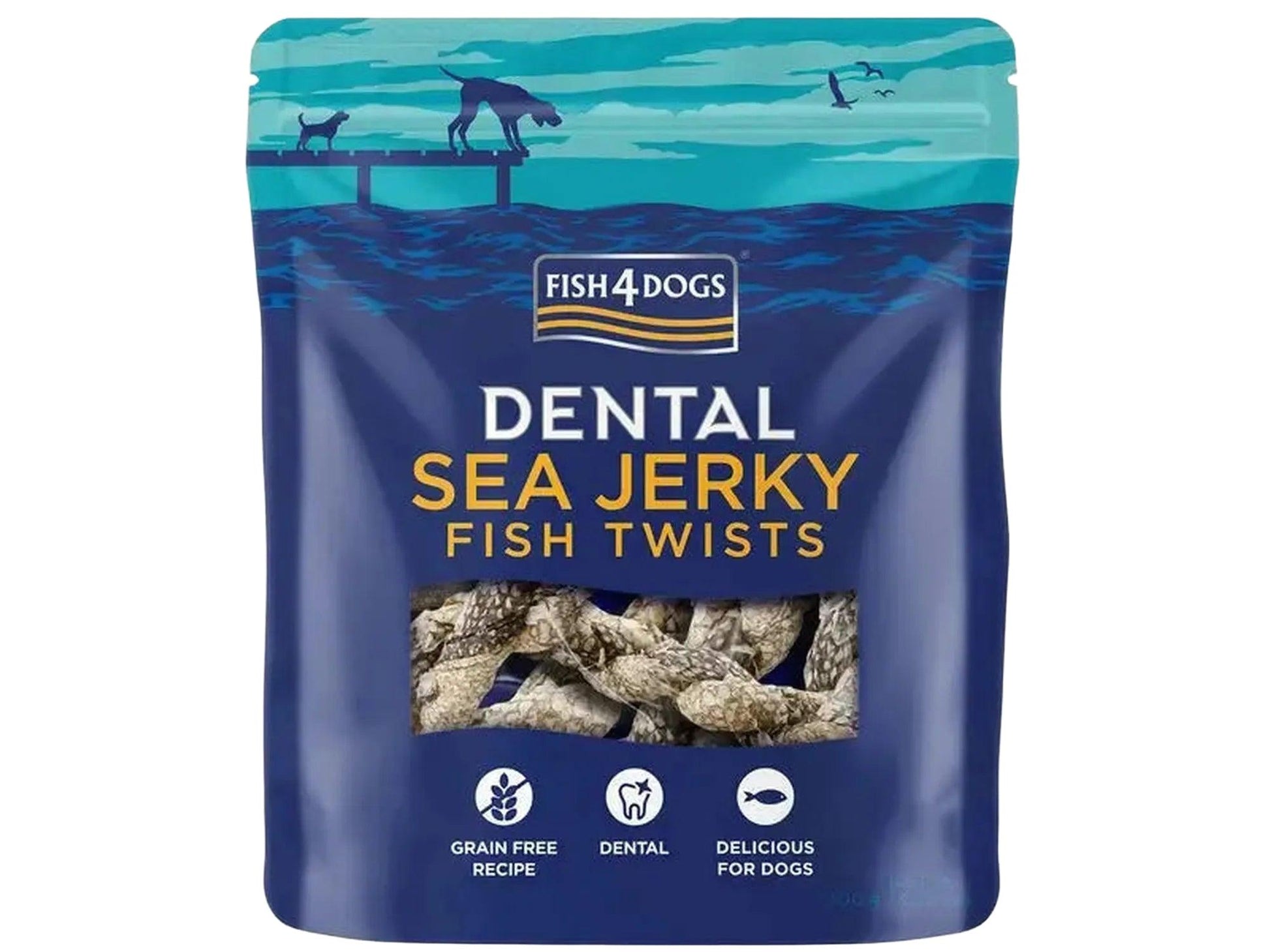 Fish4Dogs Dental Sea Jerky Fish Twists i blå pose med gjennomsiktig vindu som viser vridde fiskeskinn.