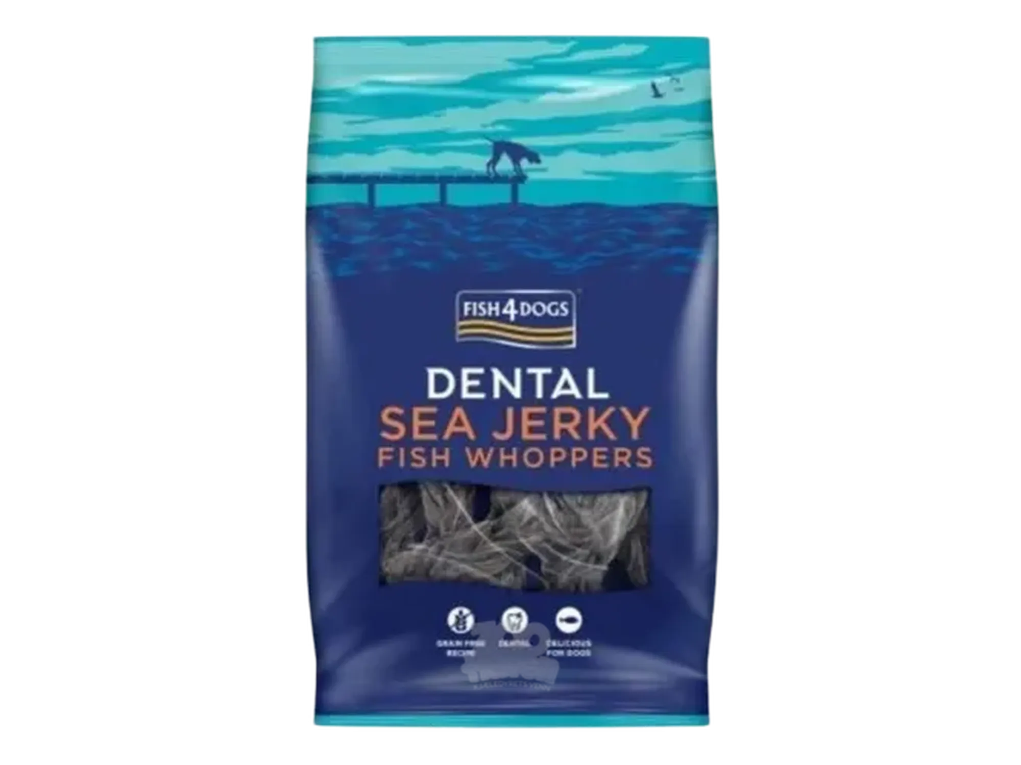 Fish4Dogs Dental Sea Jerky Fish Whoppers 500g pose med mørke fiskeskinn-tyggegodbiter.