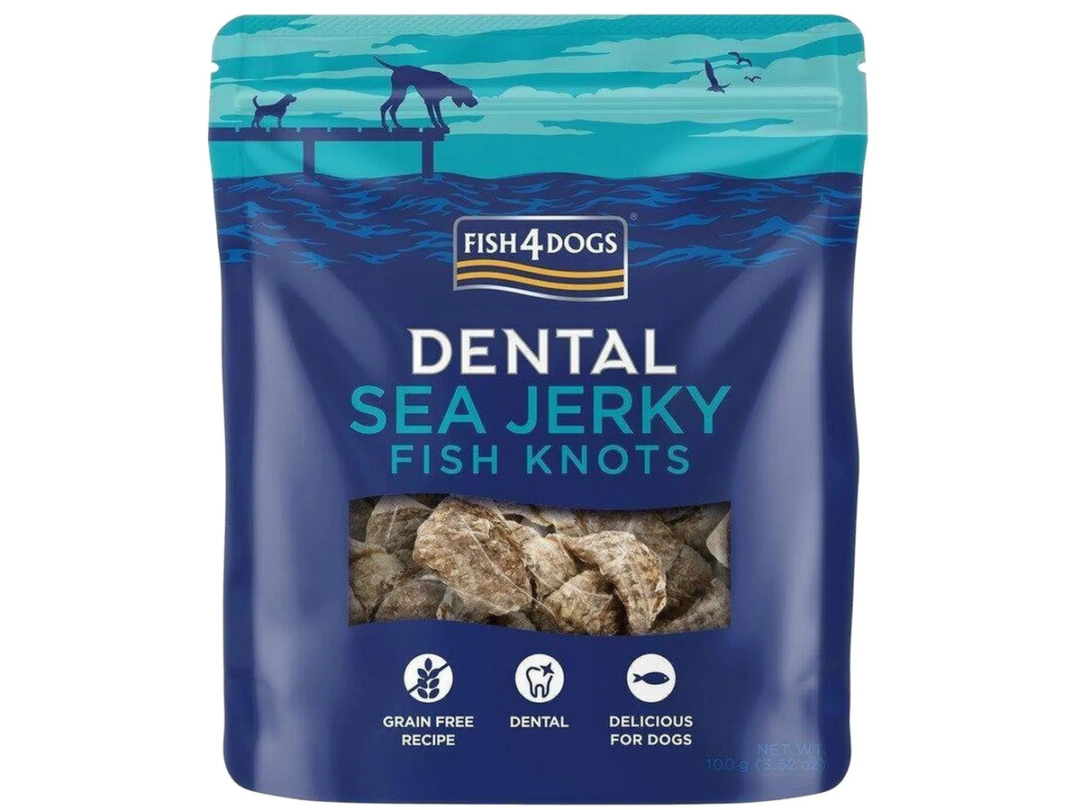 Fish4Dogs Sea Jerky Fish Knots, 100g pose med naturlige tyggeknuter av fiskeskinn.