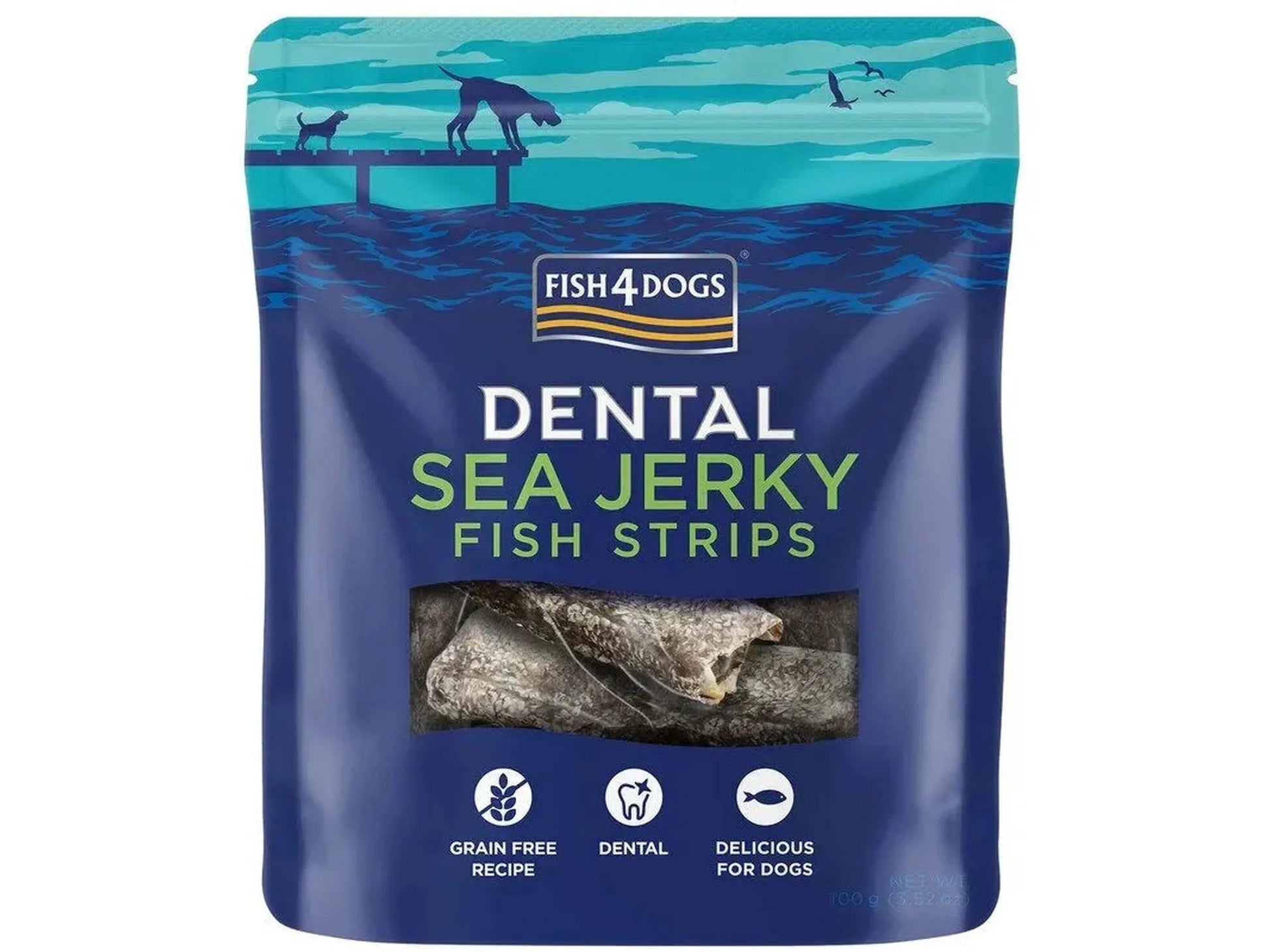 Fish4Dogs Dental Sea Jerky Fish Strips i blå pose med gjennomsiktig vindu som viser fiskeskinn.