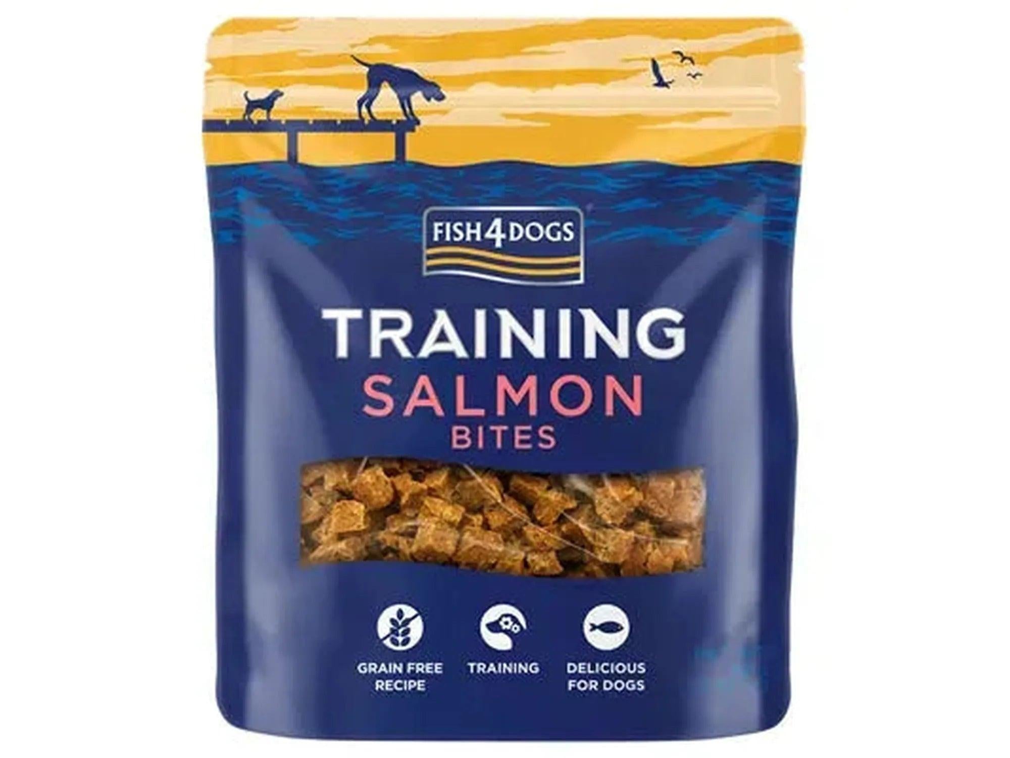Blå og gul pose med Fish4Dogs Training Salmon Bites 80g, viser små laksegodbiter for hunder.