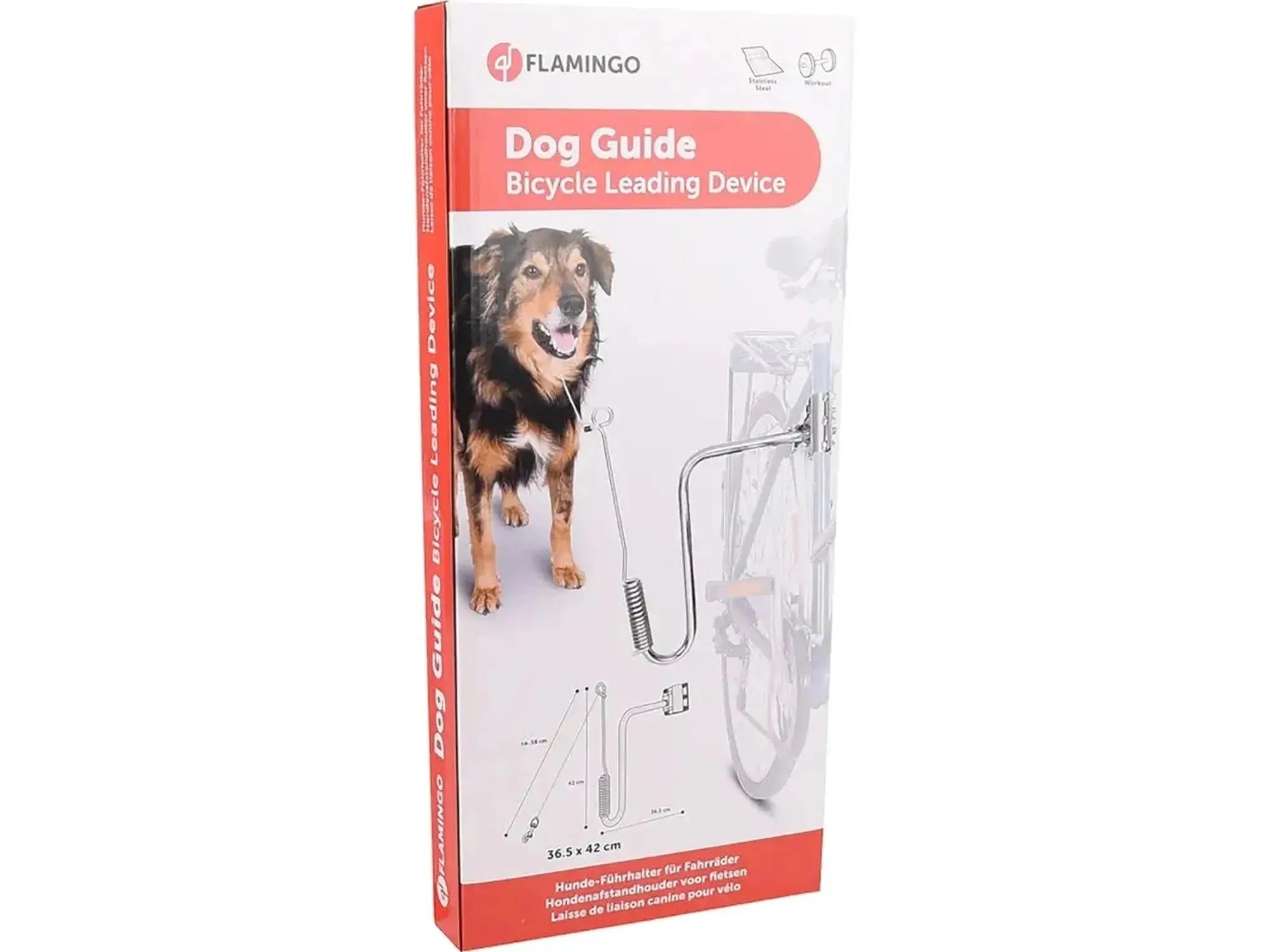 Flamingo Dog Guide Bicycle Leading Device box with a dog and bicycle graphic.