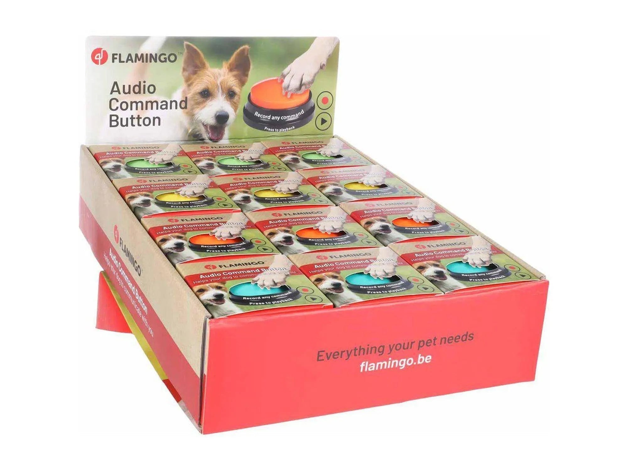 Display med Flamingo HS Karao lydknapper for hund, 8,8 cm, i ulike farger.