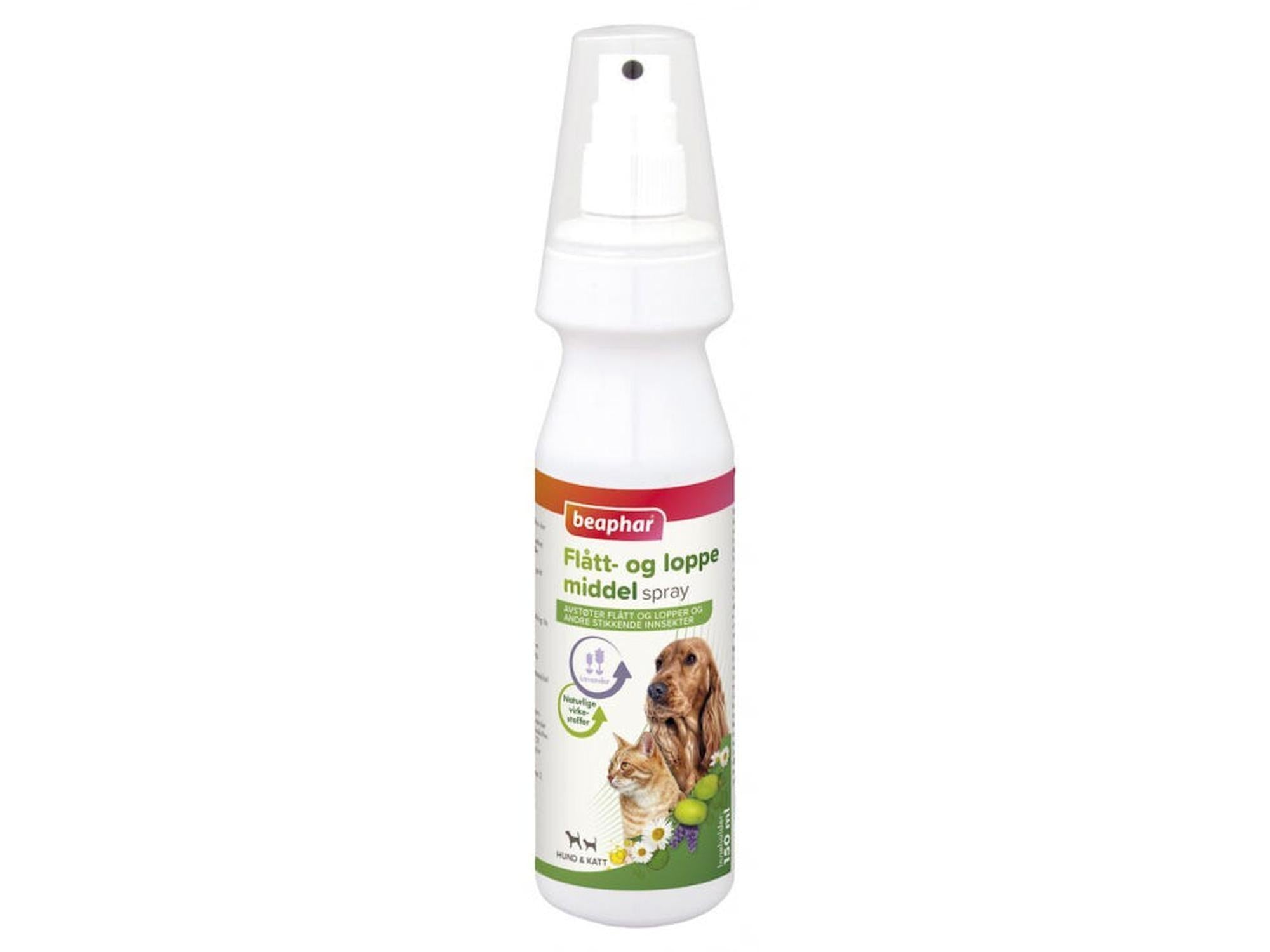 Hvit Beaphar flått- og loppemiddel spray 150ml flaske med bilde av hund og katt.