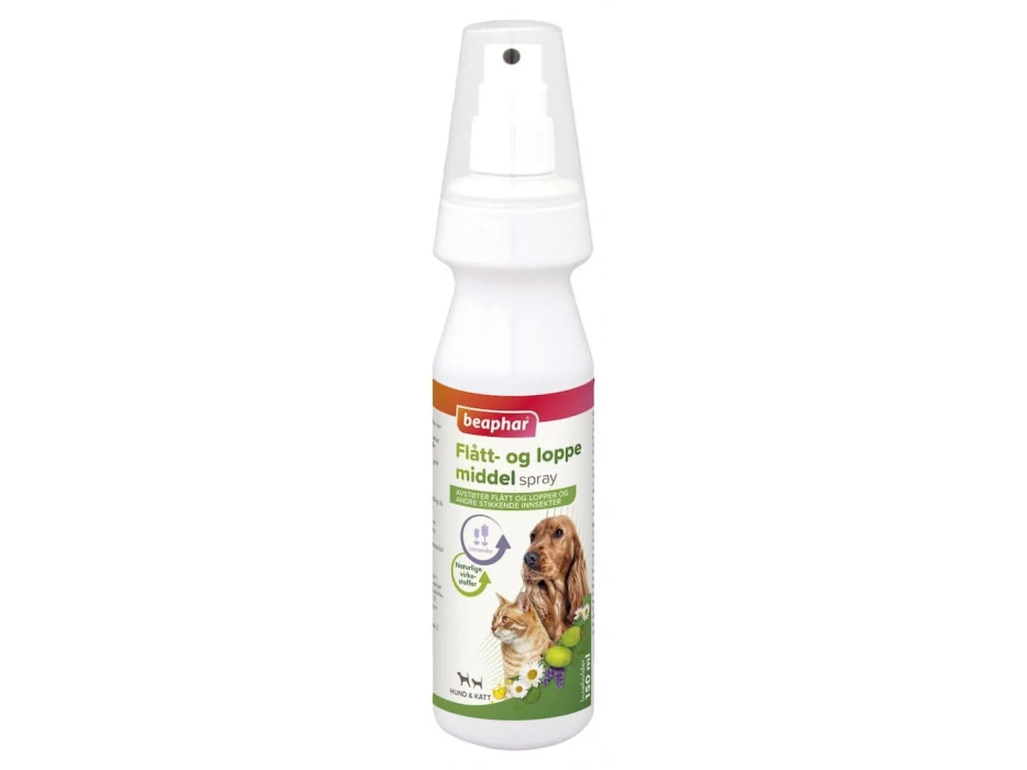 Hvit Beaphar flått- og loppemiddel spray 150ml flaske med bilde av hund og katt.
