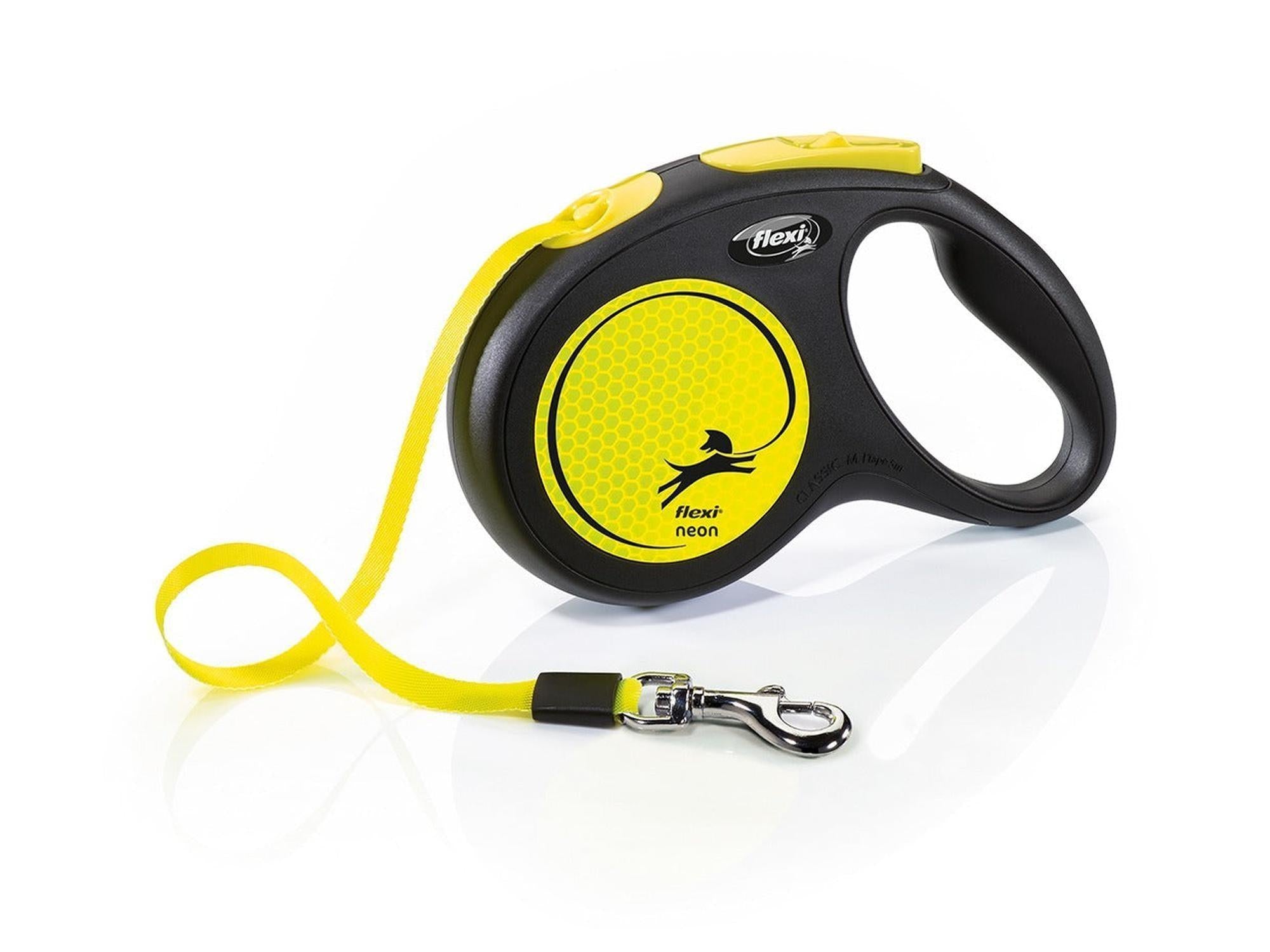 Svart Flexi Classic Neon hundeline med gul tape, refleks og ergonomisk grep.