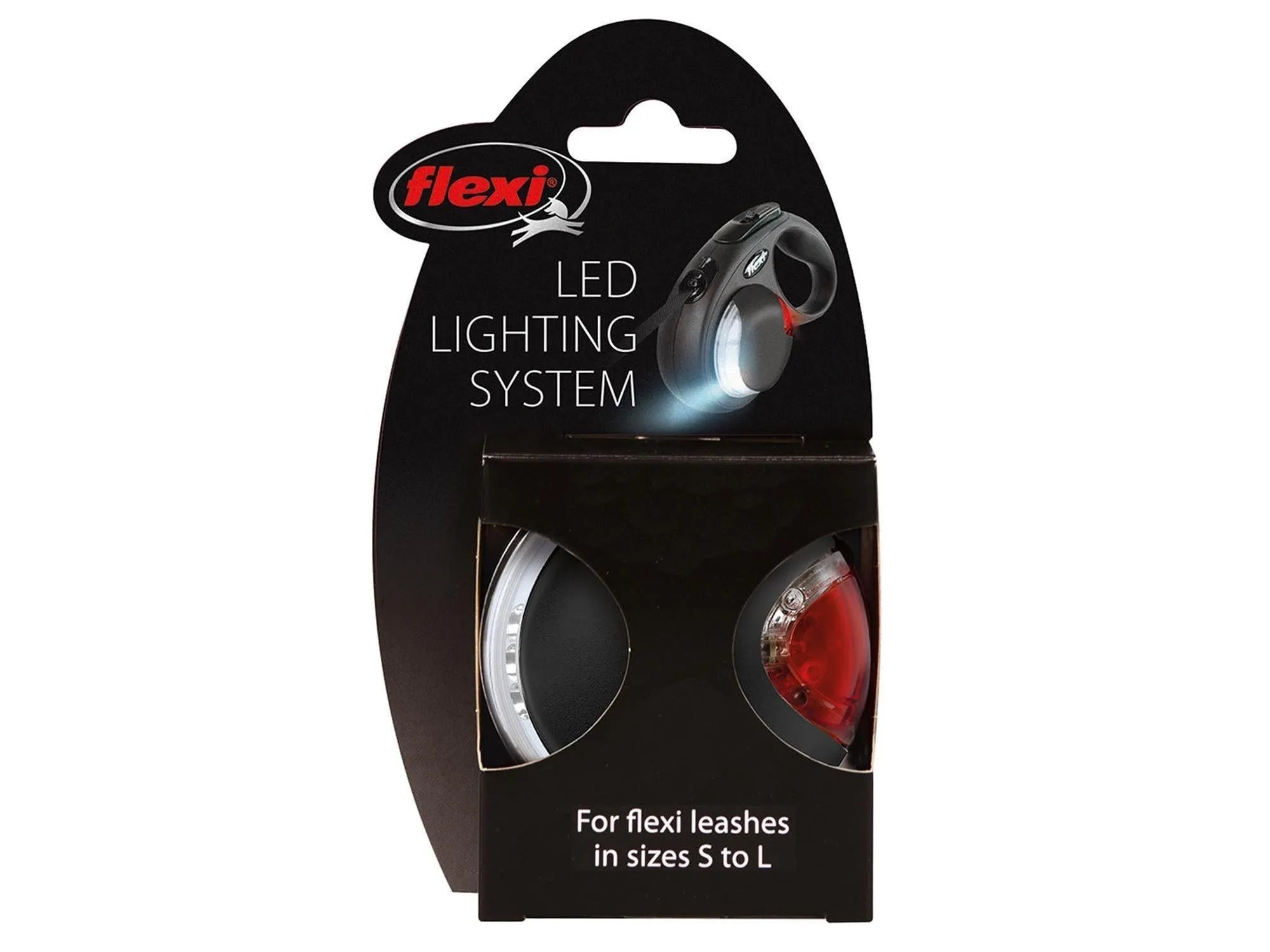 Flexi Vario LED Lighting System med svart og rød lampe i emballasje for Flexi-kobbel S-L.