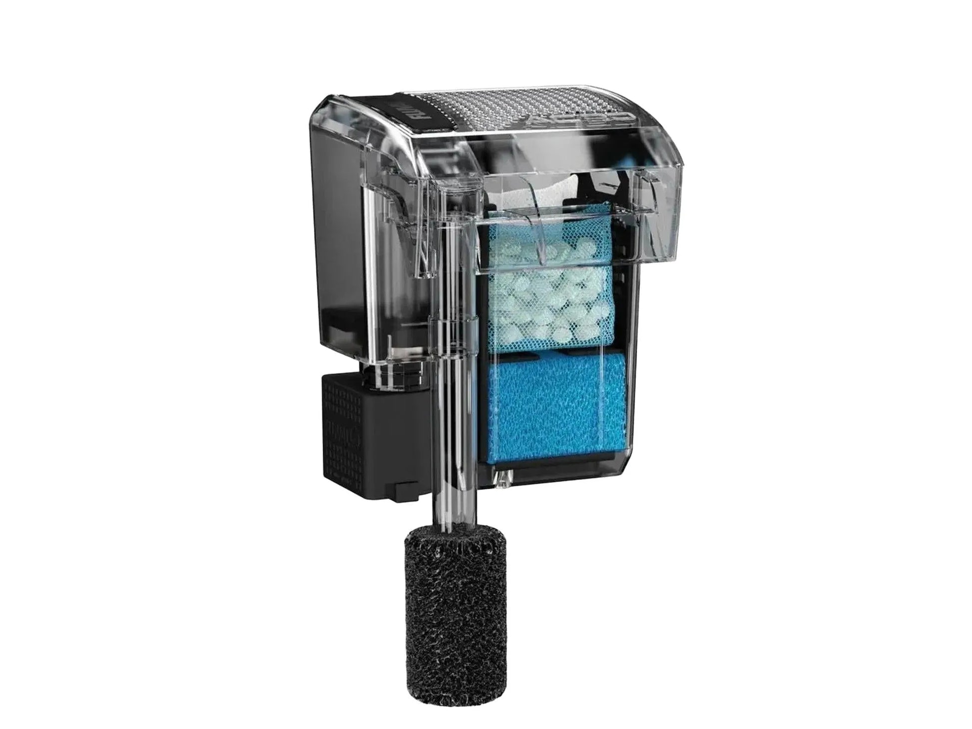Fluval AquaClear 20 hengefilter med dimensjoner og synlig blått filtermedium i gjennomsiktig plastkabinett.