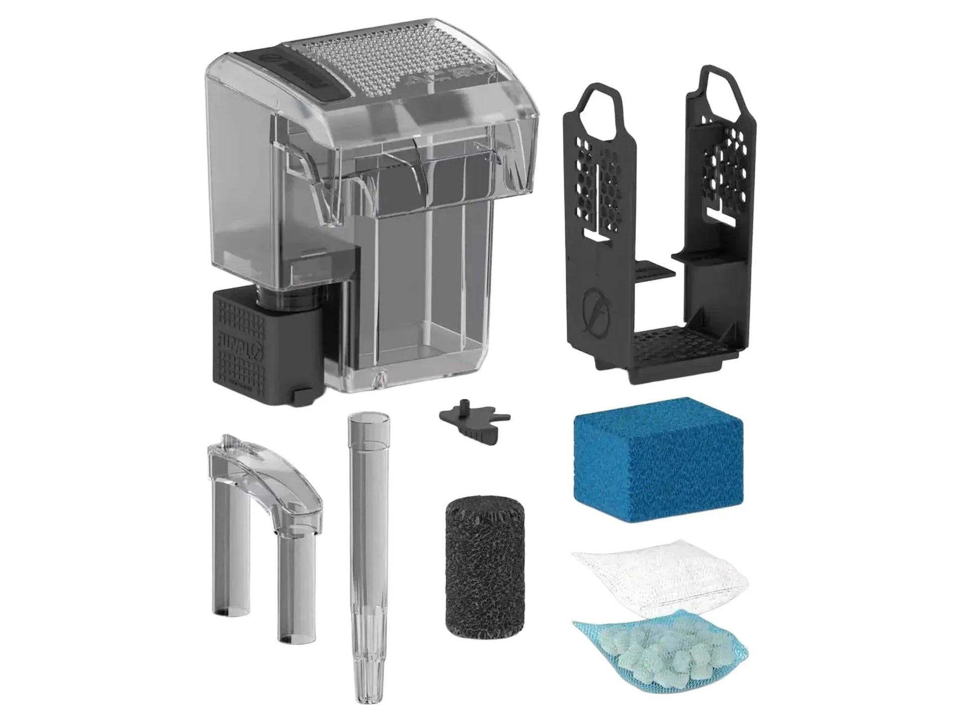 Fluval AquaClear 20 hengefilter med gjennomsiktig beholder, sort pumpe, filterkurv og medfølgende filtermedier.
