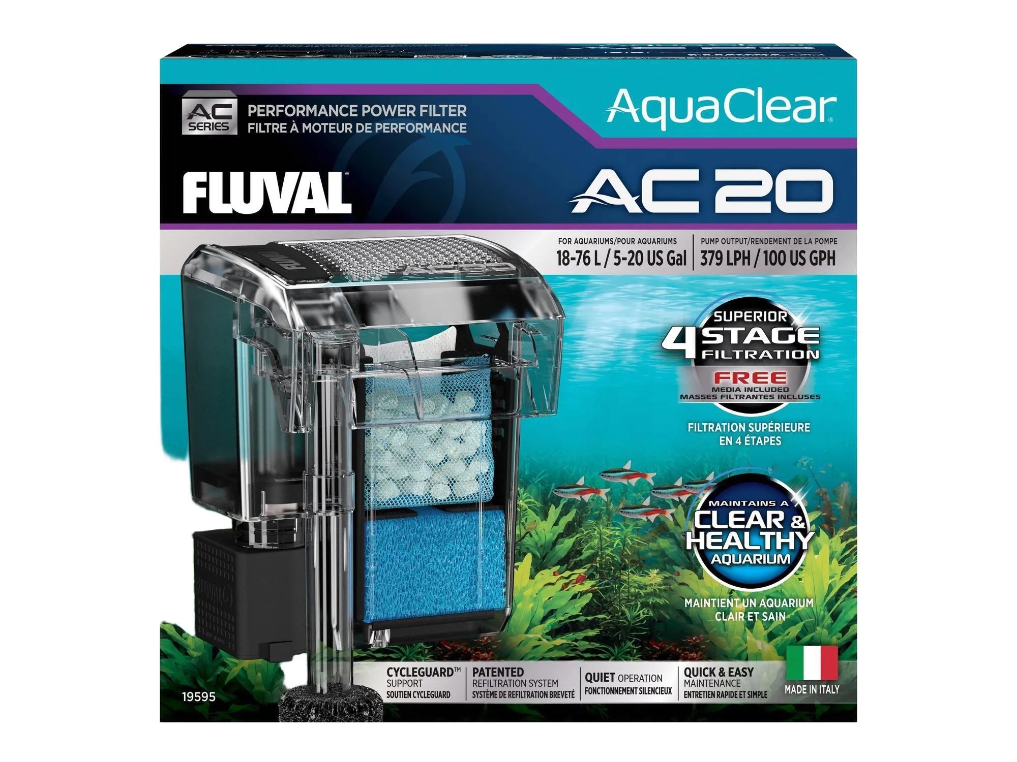 Fluval AquaClear AC 20 Hengefilter 379 l/h for Akvarium 18-76 Liter