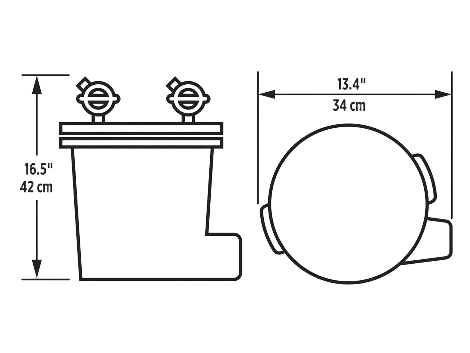 Teknisk illustrasjon av Fluval FX2 akvariefilter med mål på 42 cm høyde og 34 cm bredde.