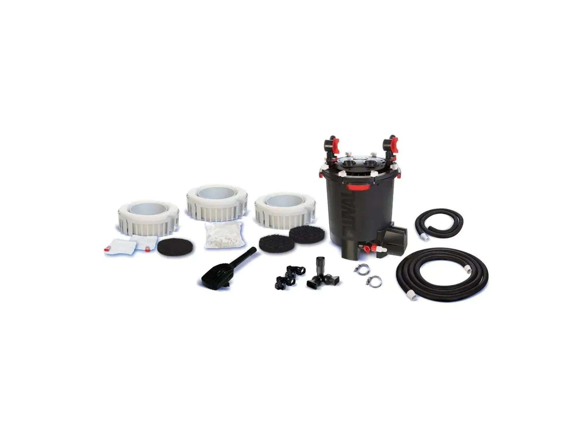 Fluval FX6 eksternfilter med sort beholder, hvite filterkurver, slanger og tilbehør for akvarium.