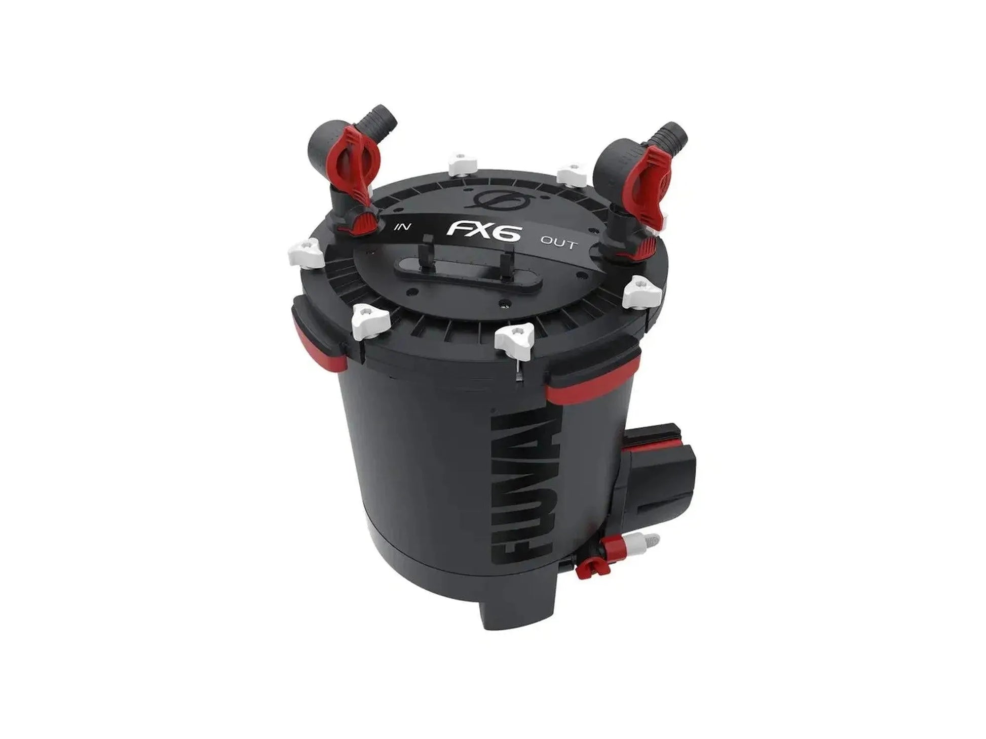 Fluval FX6 eksternfilter i sort plast med røde detaljer, ventiler og tydelig merking for akvarier opptil 1500 liter.