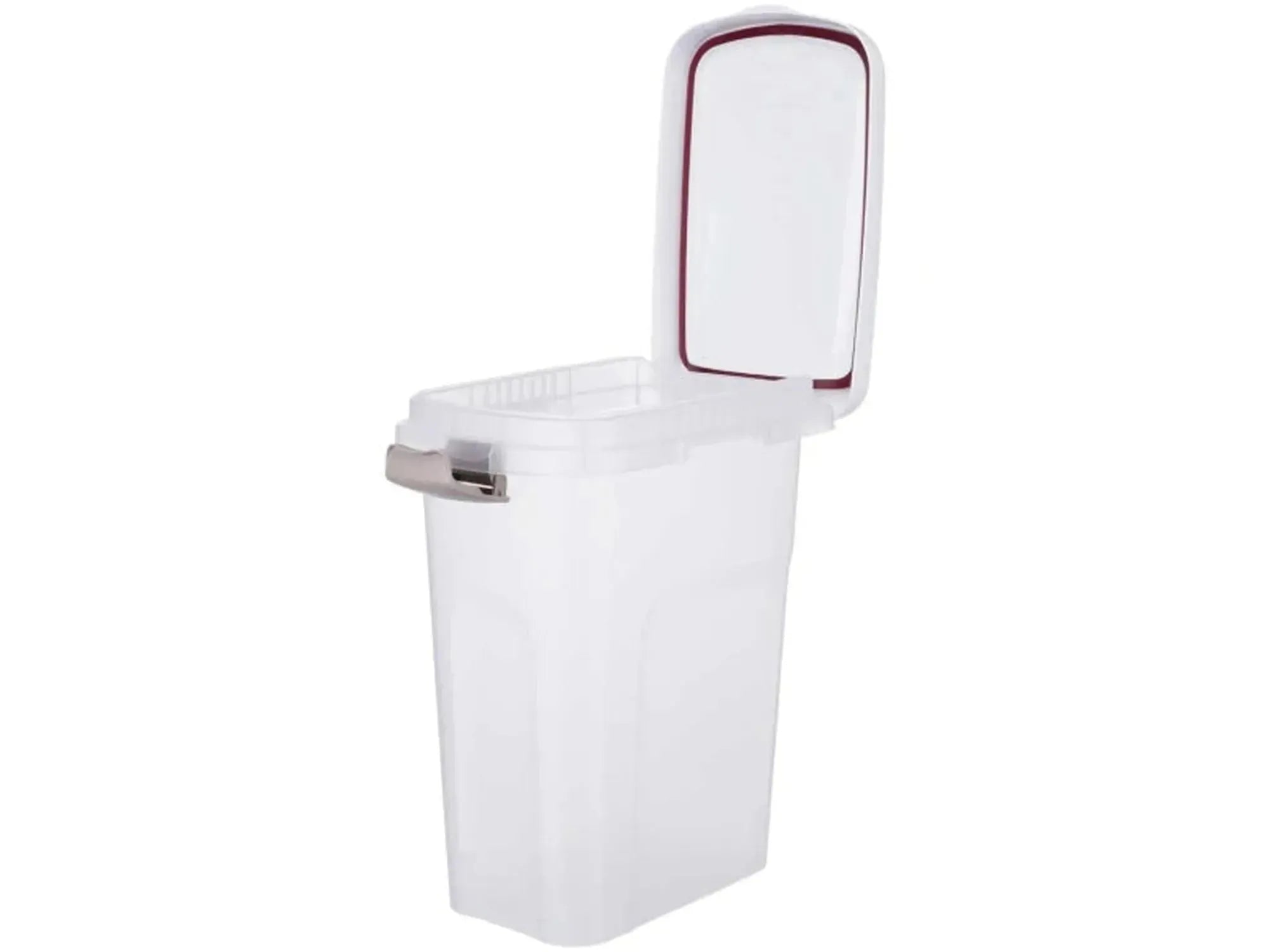 Transparent plastboks for tørrfôr, 25 liter, med hvitt lokk og lilla forsegling, åpen.