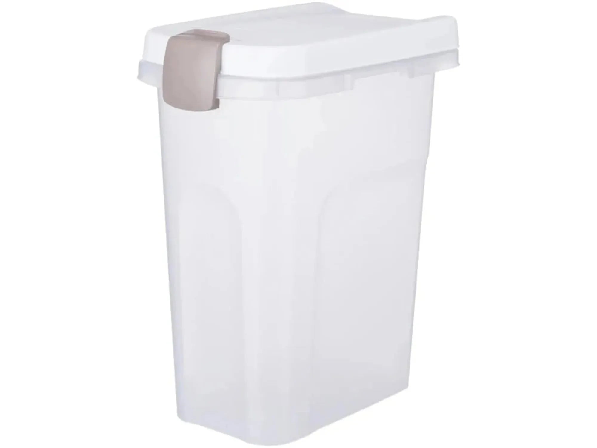 Transparent plastboks for tørrfôr med hvitt lufttett lokk og grå klips, 25 liter.