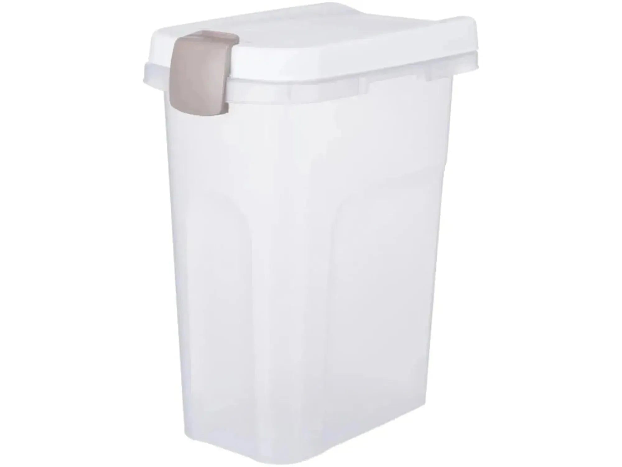 Transparent plastboks for tørrfôr med hvitt lufttett lokk og grå klips, 25 liter.