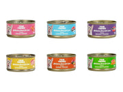 Six Four Friends cat food cans with colorful labels: pink shrimp, blue sardine, purple anchovy, yellow chicken, orange mussel, green vegetable.