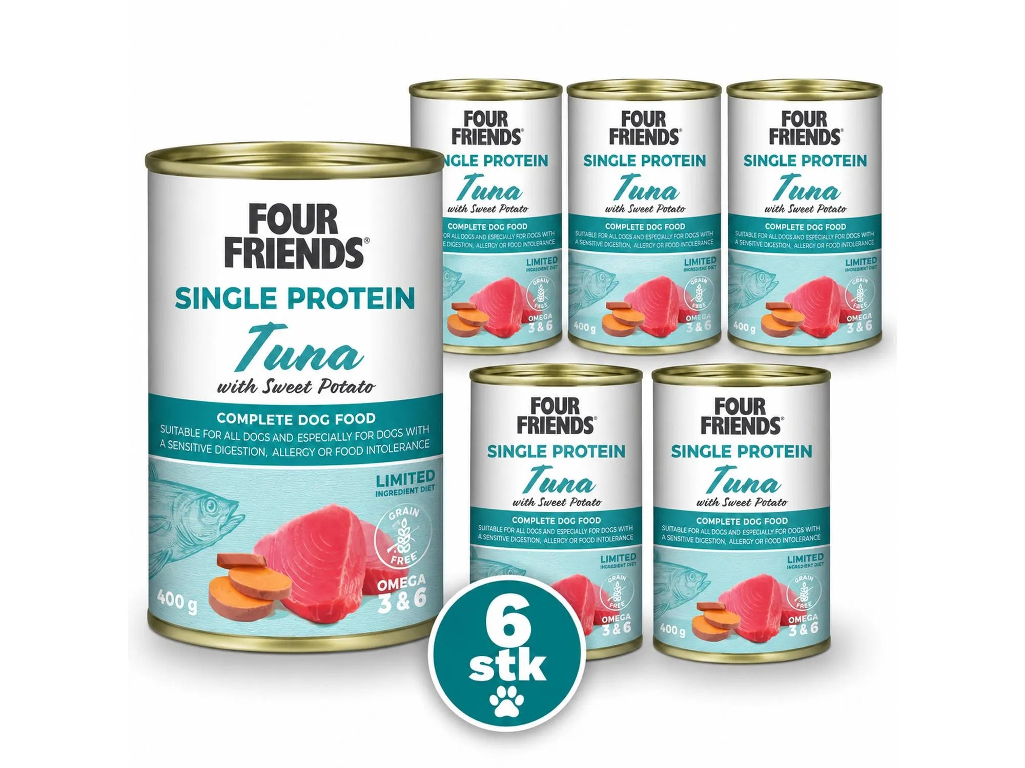 Four Friends Single Protein Tuna & Sweet Potato 6-pakk – våtfôr til hund 6 × 400 g
