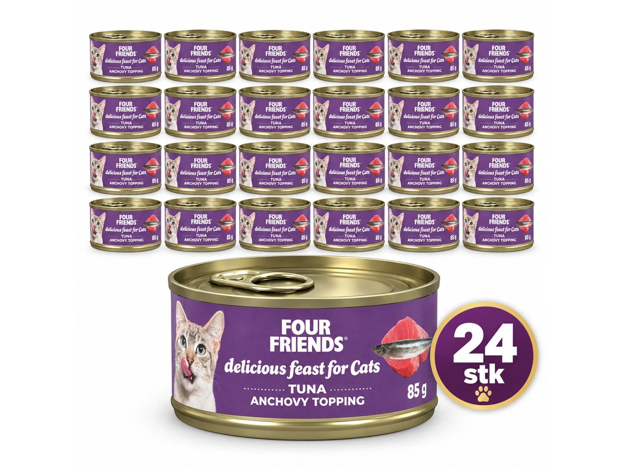 Four Friends Tuna & Anchovy 24-pakk – våtfôr til katt med tunfisk og ansjos 24 × 85 g