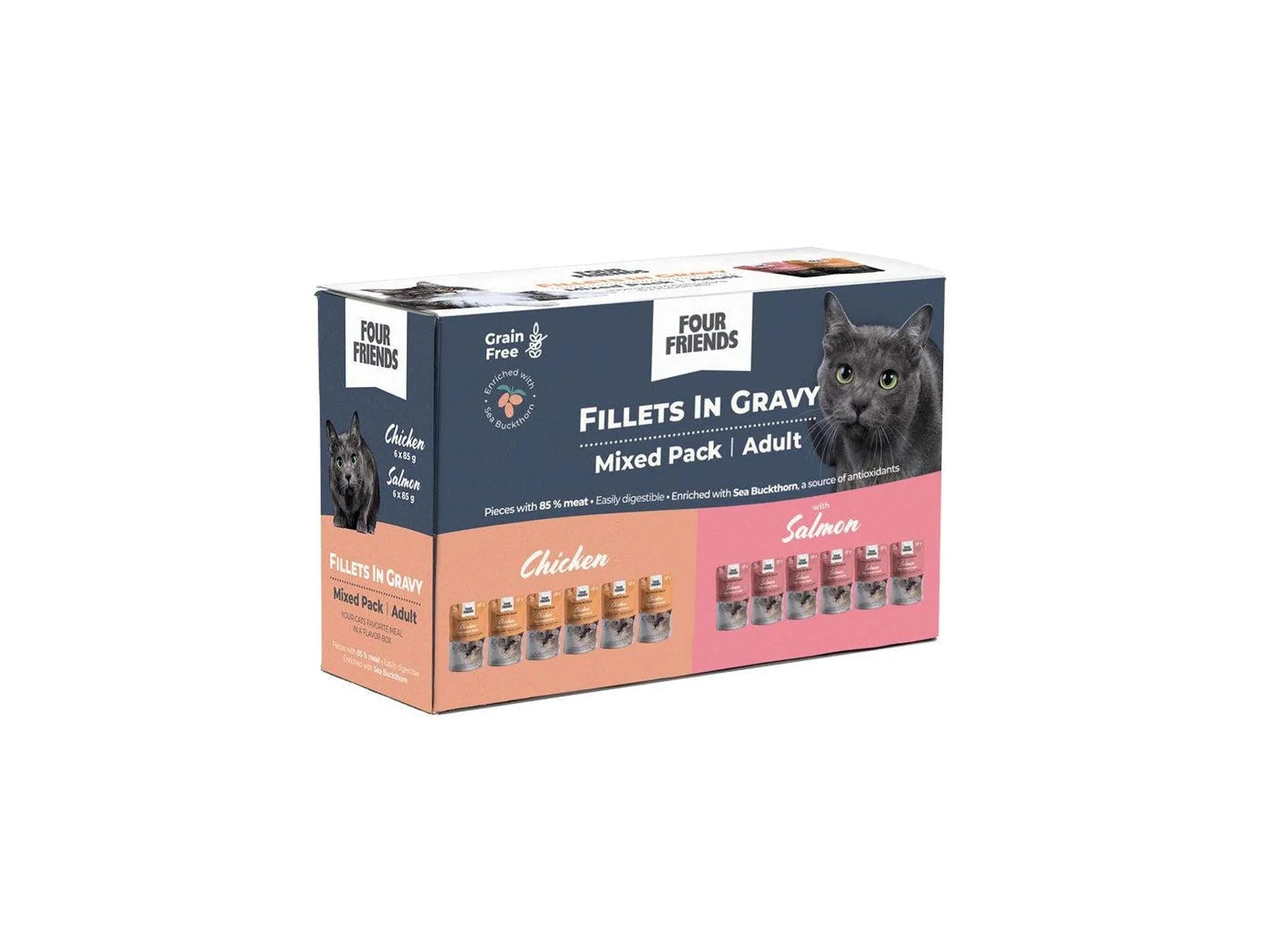 FourFriends Adult Fillets in Gravy Mixed Pack 12x85g cat food box with chicken and salmon flavors.