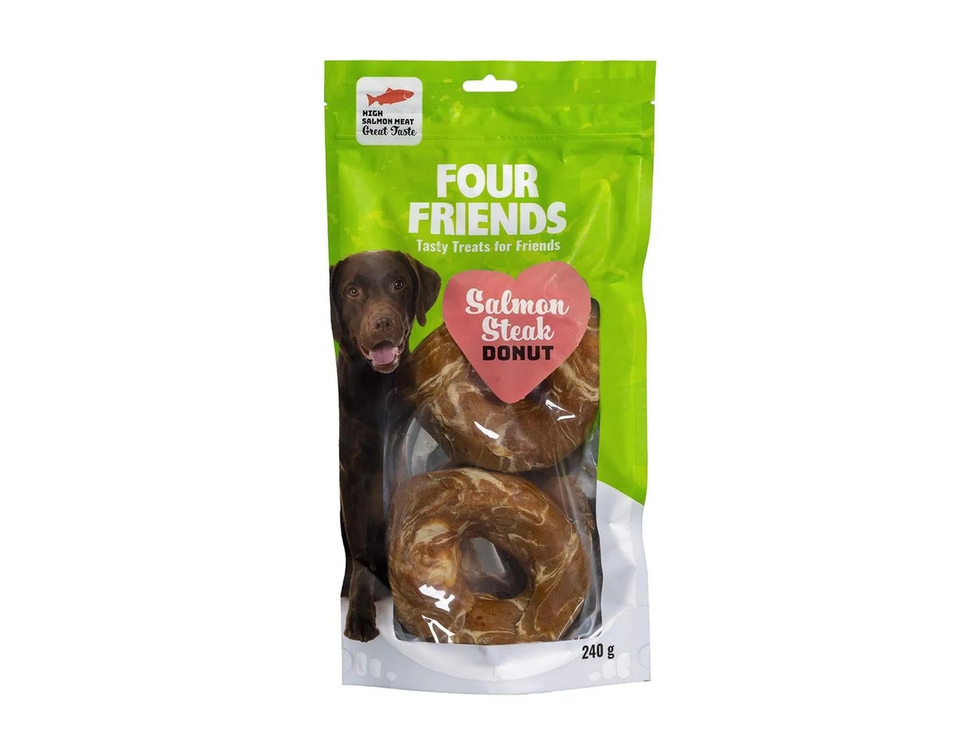 Grønn pose med FourFriends Salmon Steak Donut tyggeringer, 2-pack 240g, med bilde av en labrador.