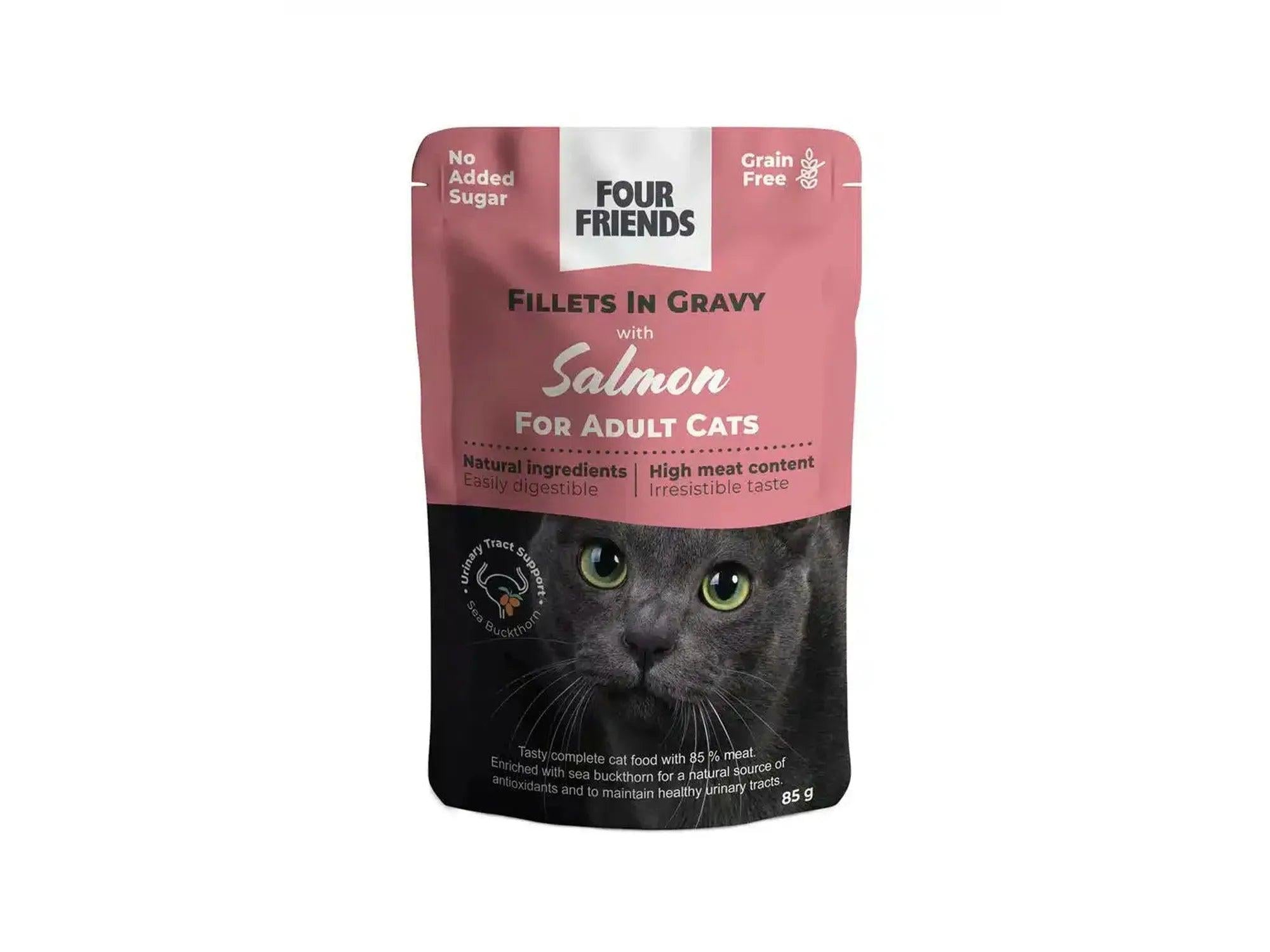 FourFriends Fillets with Salmon in Gravy 85g cat food pouch, pink with a gray cat.