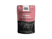 FourFriends Fillets with Salmon in Gravy 85g cat food pouch, pink with a gray cat.