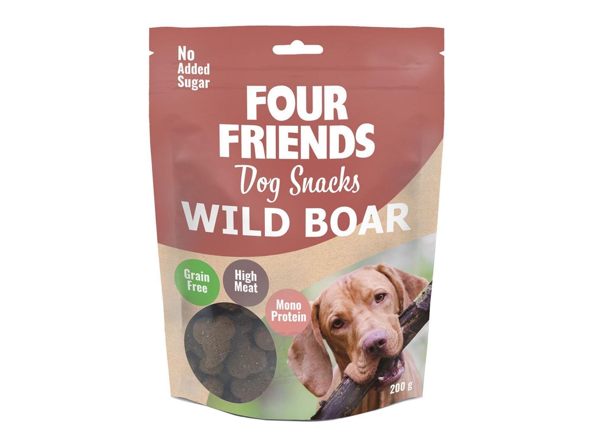 FourFriends Wild Boar hundesnacks, 200g, myk konsistens, kornfri, med hund og pinne.