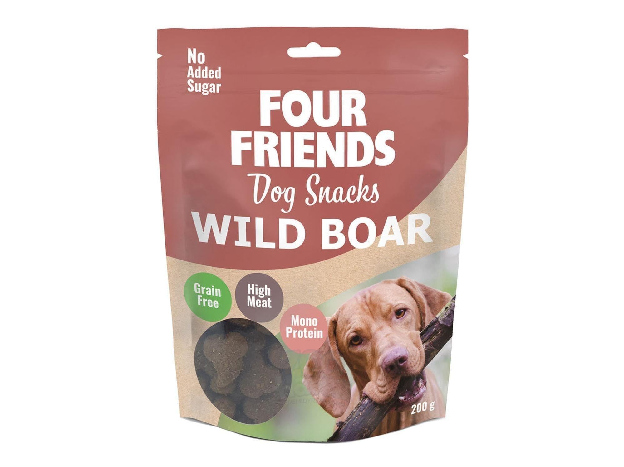 FourFriends Wild Boar hundesnacks, 200g, myk konsistens, kornfri, med hund og pinne.
