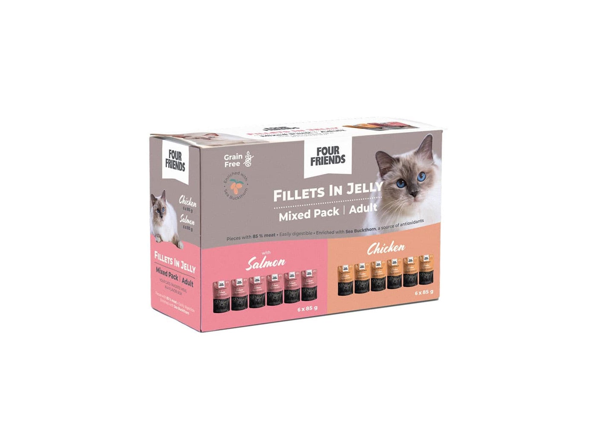 Four Friends Adult Jelly Mix 12-pakk – våtfôr til katt med kylling og laks i gelé