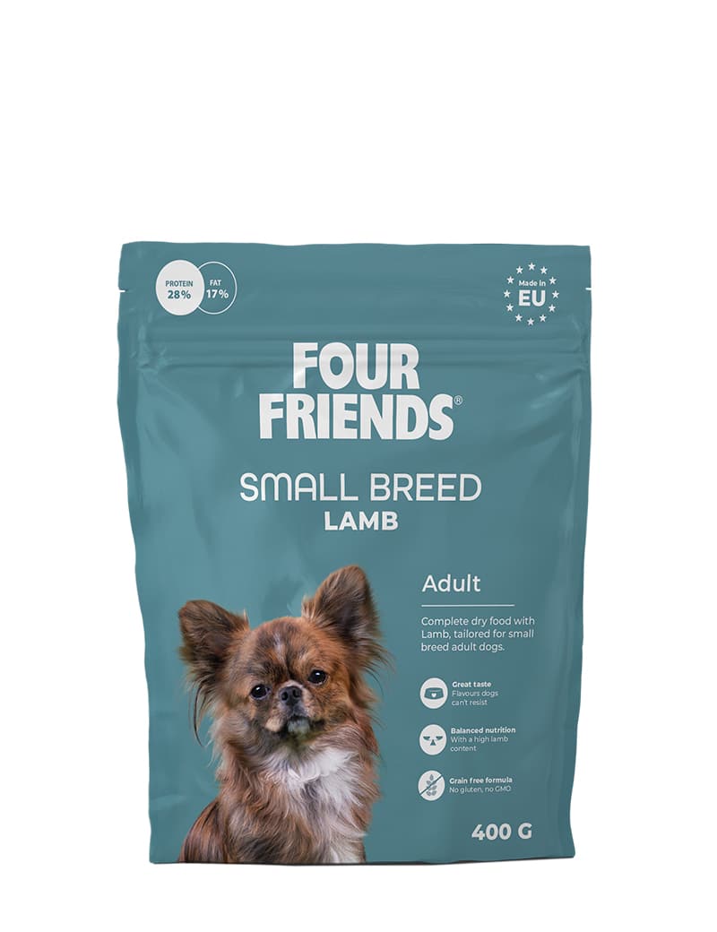 Four Friends Small Breed Adult Lamb – kornfritt tørrfôr til aktive små hunder 400 g