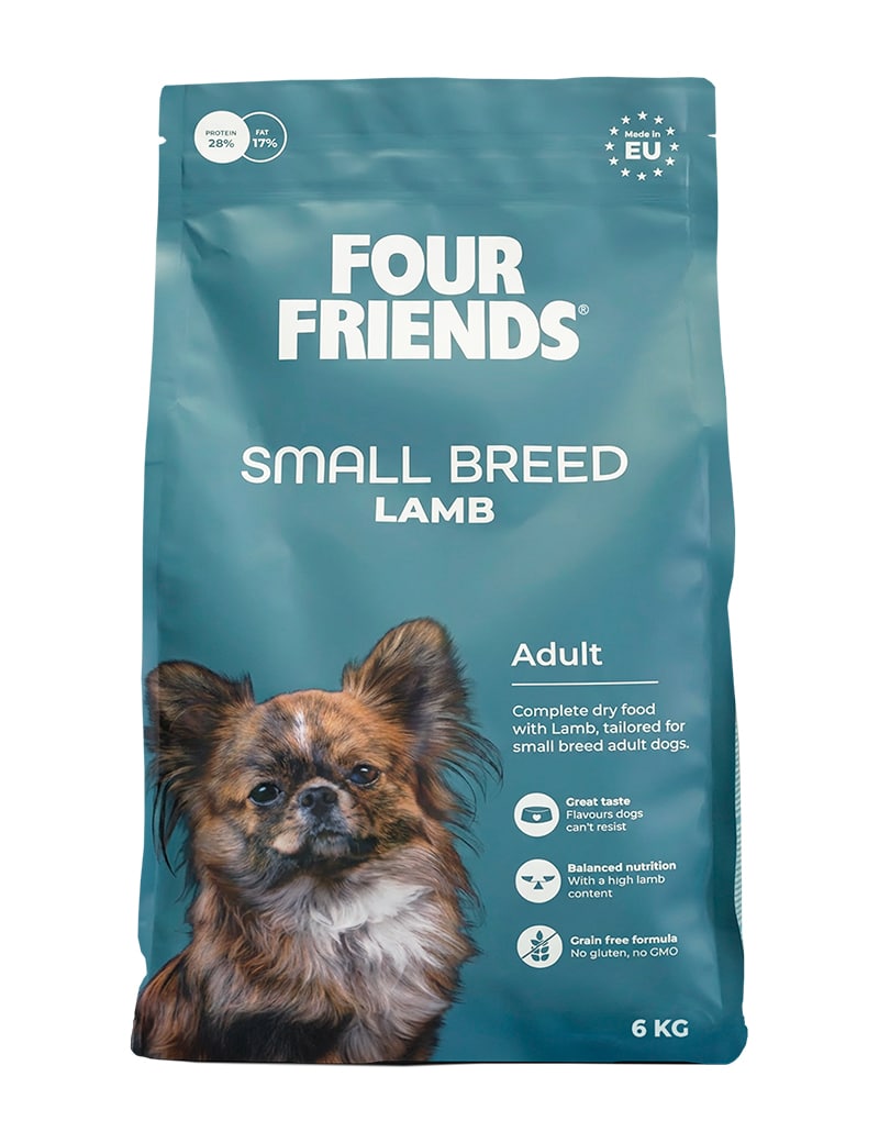 Four Friends Small Breed Adult Lamb – kornfritt tørrfôr til aktive små hunder 6 kg