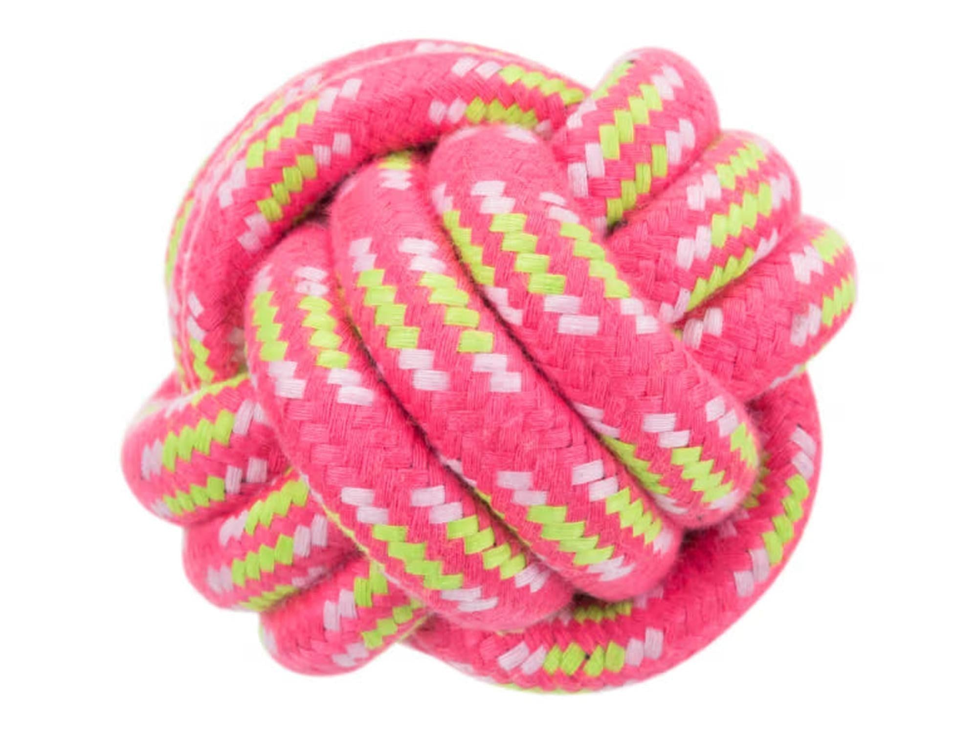 Rosa og limegrønn 9 cm bomullstauknuteball for hund, for tannrens og lek.