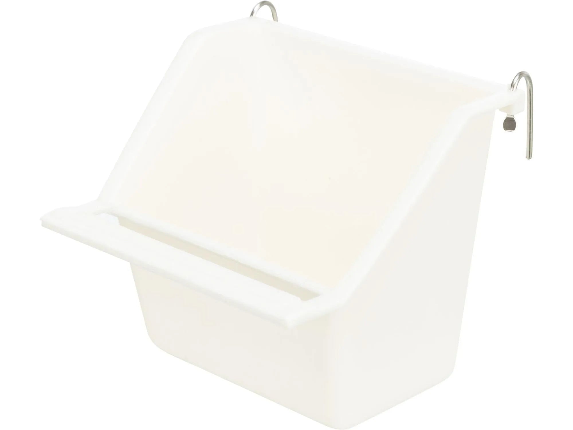 Hvit, skrå plastkopp for fuglebur med metallkroker, 130 ml, 8x7 cm.