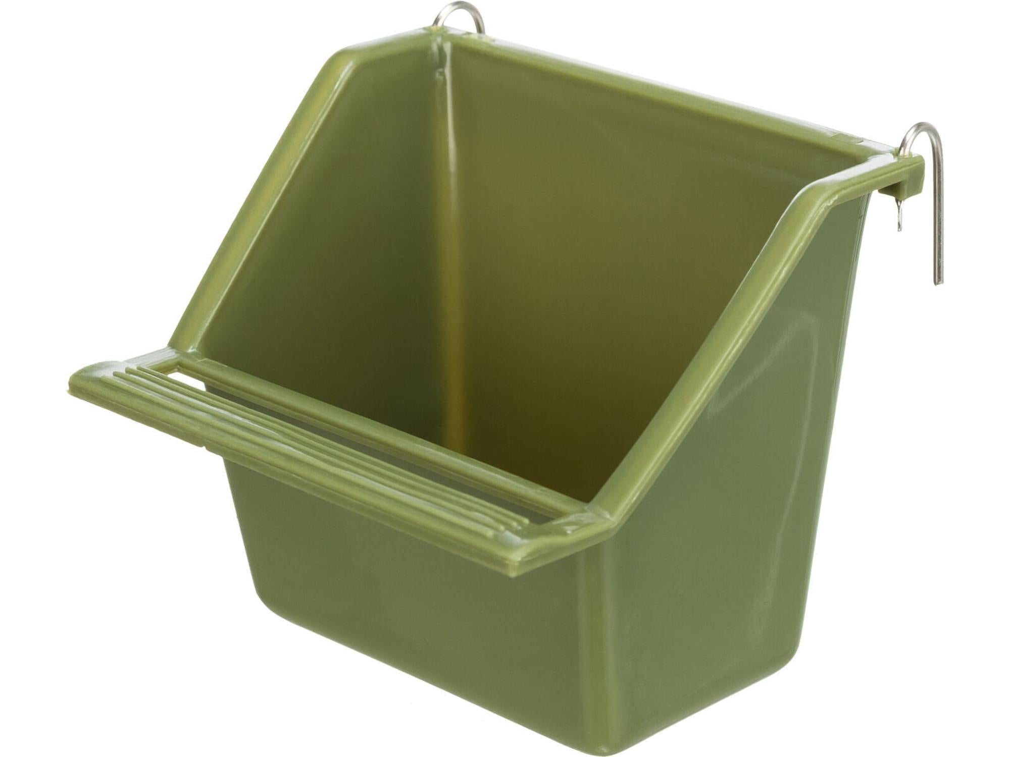 Grønn, skrå plastkopp for fuglebur med metallkroker, 130 ml, 8x7 cm.