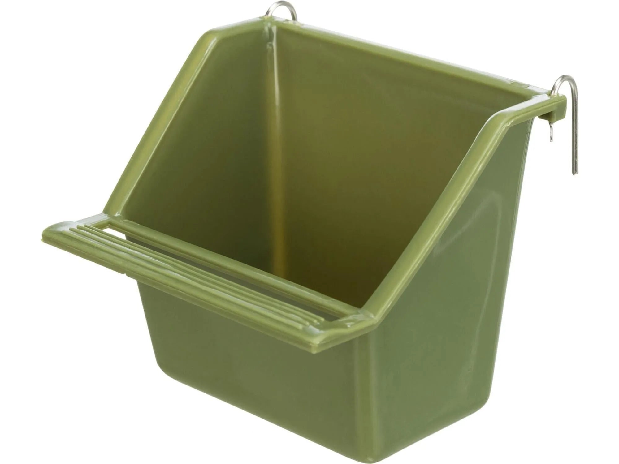 Grønn, skrå plastkopp for fuglebur med metallkroker, 130 ml, 8x7 cm.
