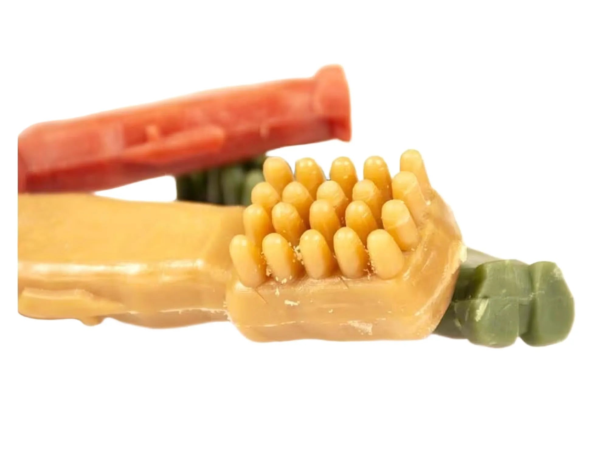 Large Garden Bites Toby Toothbrush hundegodbiter i gul, rød og grønn, med børsteformede nupper.