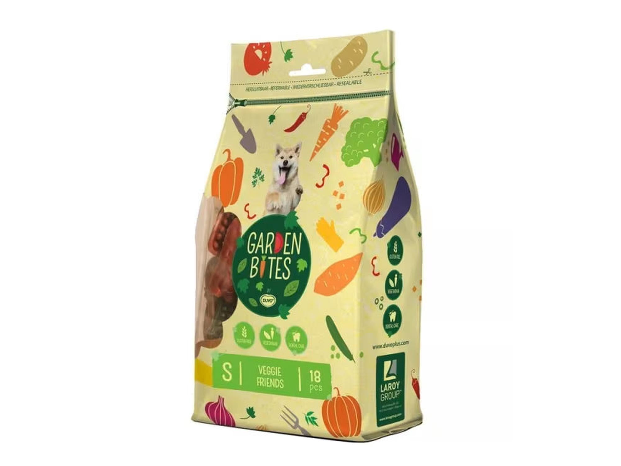 Garden Bites Veggie Friends Small 270g pose med vegetariske tyggegodbiter for hund, med grønnsaksdesign.