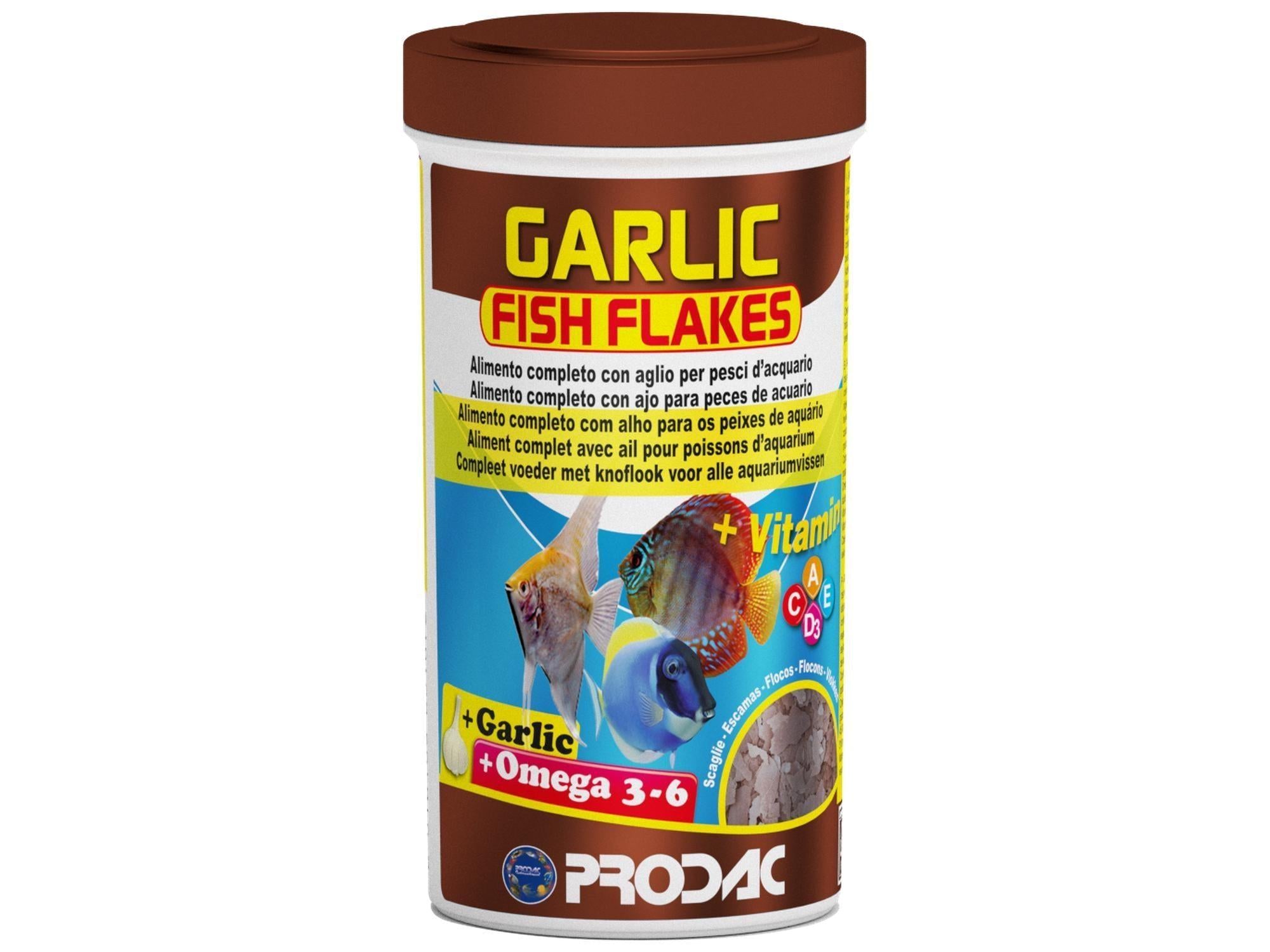 Prodac Garlic Fish Flakes 20-50gr in a brown and white container with colorful fish illustration.