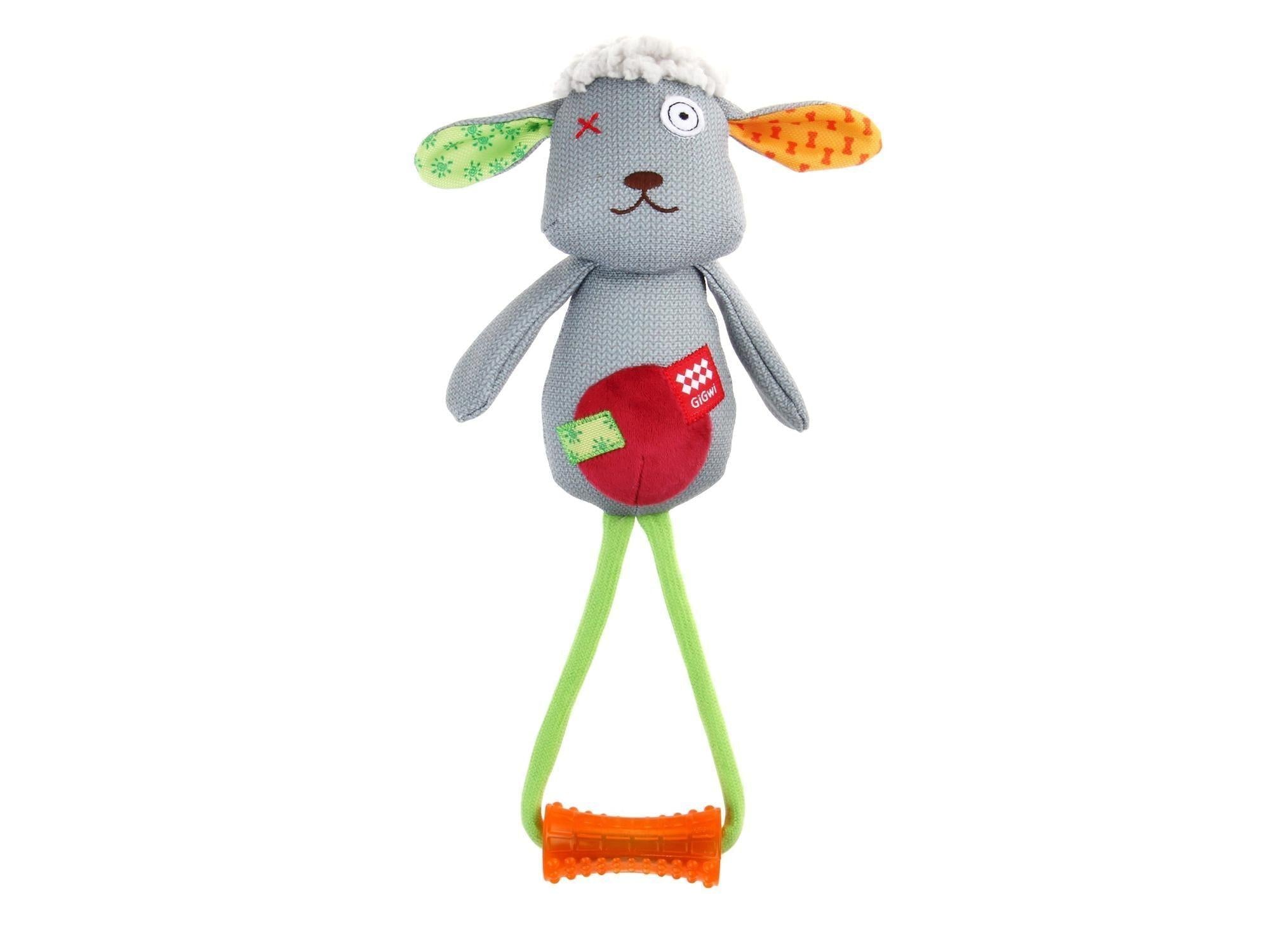 GiGwi Plush Friendz Lam hundeleke, grå plysj med fargerike ører, rød mage, grønne tau-ben og oransje TPR-håndtak.